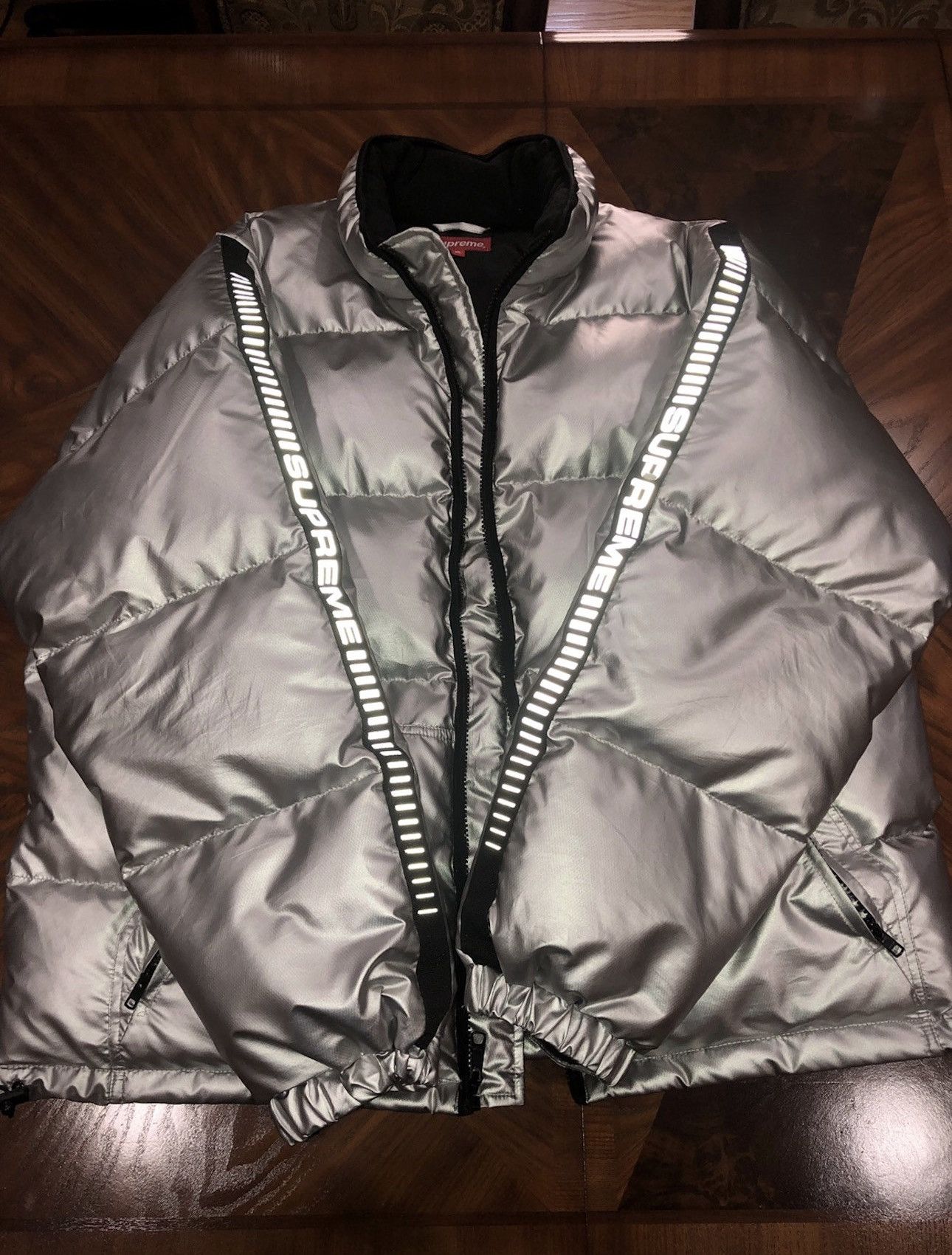 Supreme Reflective Sleeve Logo Puffy Jacket | Grailed