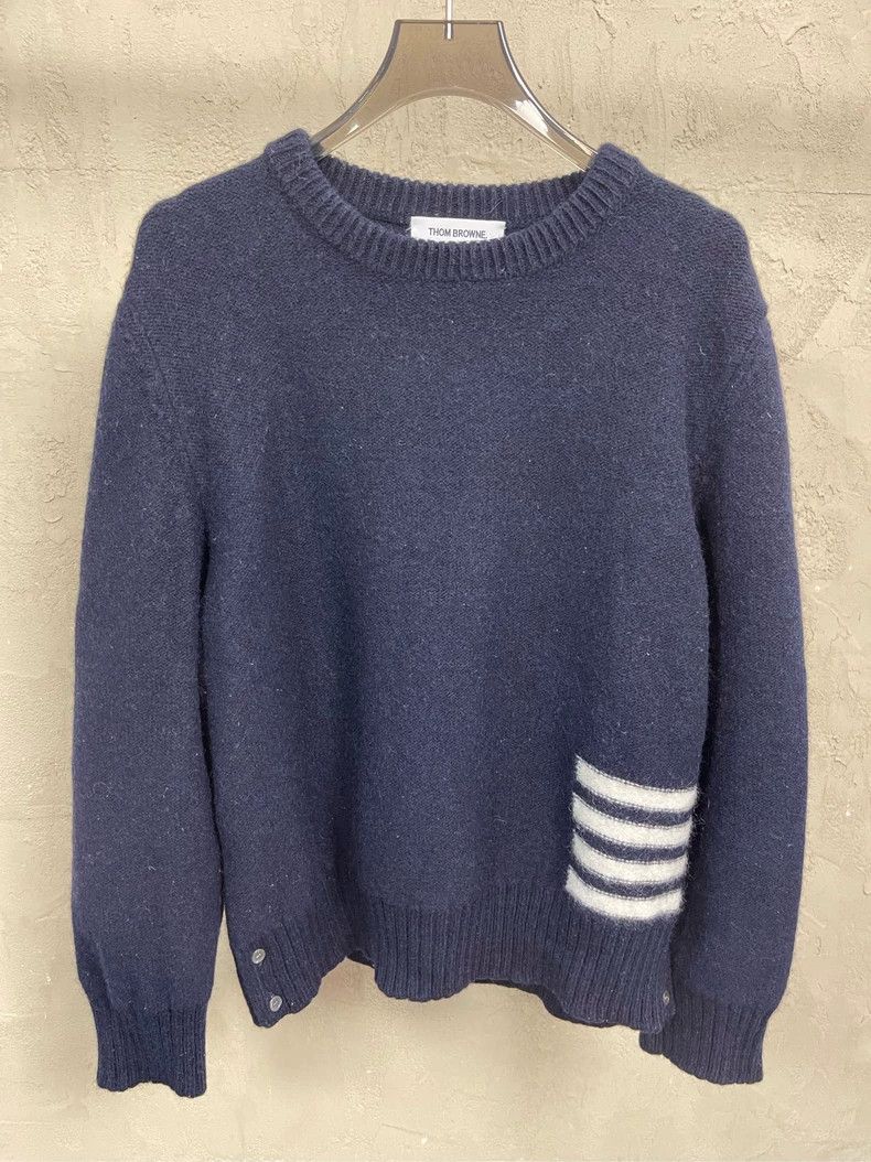 Thom Browne Thom browne Dark blue four-striped wool horsehair round-nec Size US XL / EU 56 / 4 - 3 Thumbnail