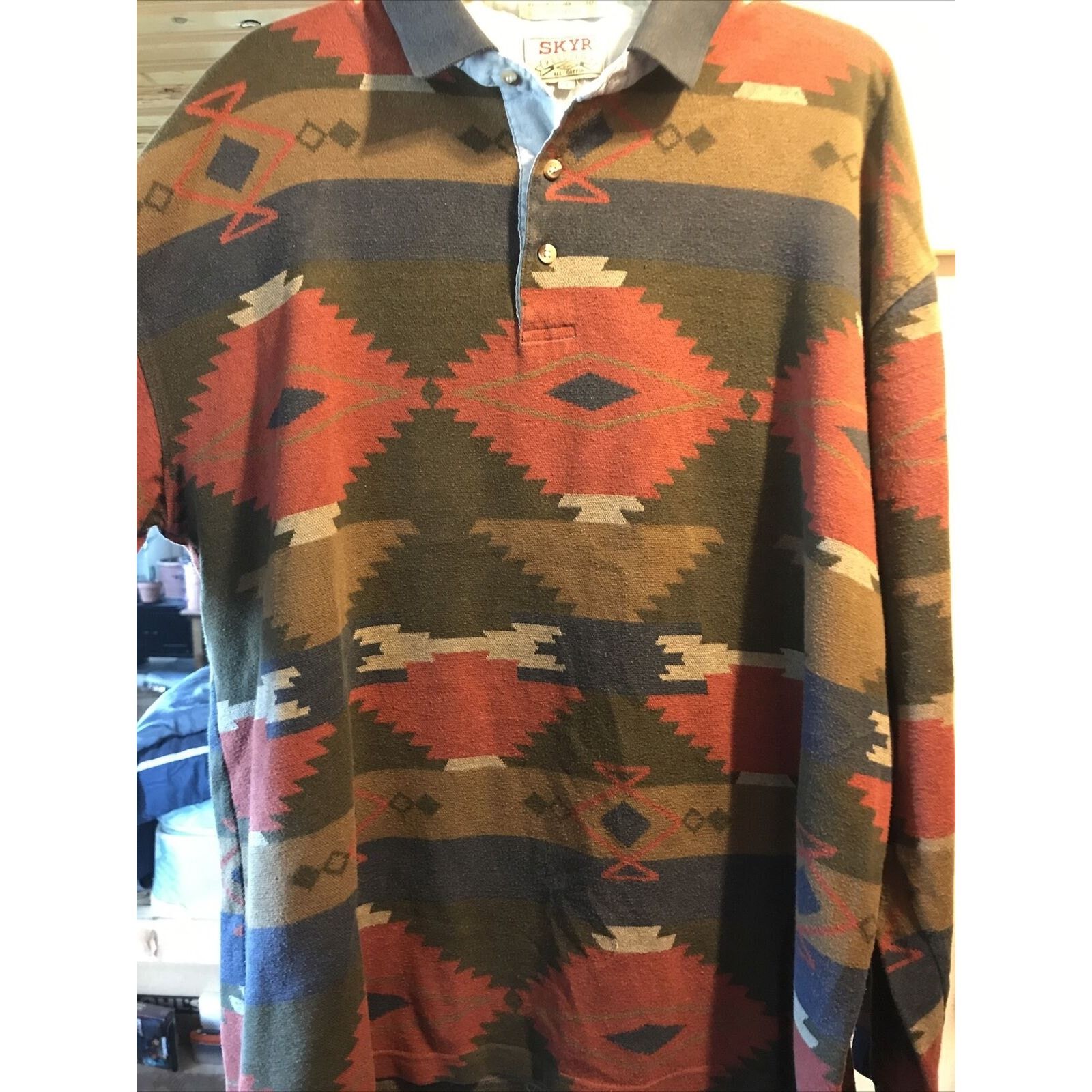 Other Skyr Vintage Mens XL Aztec Tribal Print LS Cotton Polo Shirt Size US XL / EU 56 / 4 - 9 Thumbnail