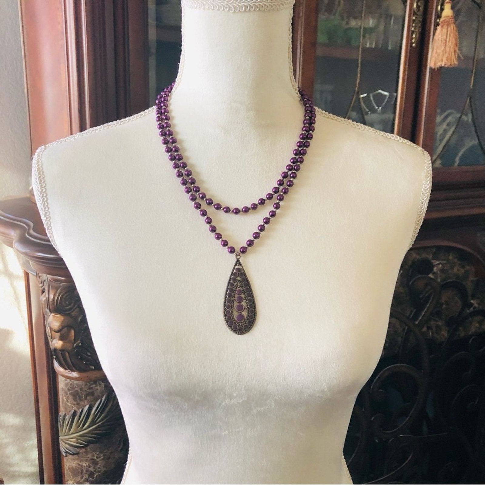 Handmade Handcrafted double strand purple Czech Pearl necklace Size ONE SIZE - 4 Thumbnail