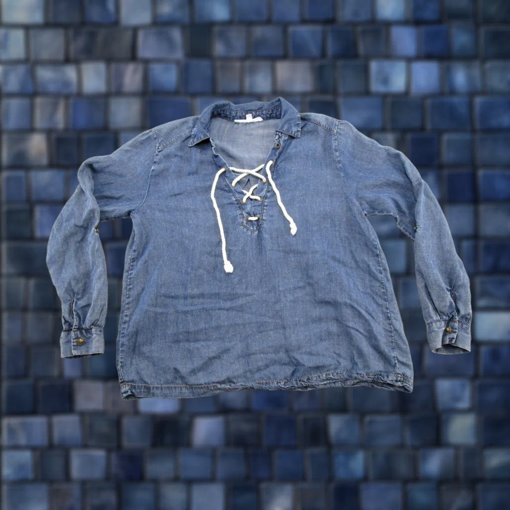 Vintage Jane Delancey Shirt Long Sleeve V-Neck Lace Up 100% Lyocell Size S Blue Womens Size S / US 4 / IT 40 - 1 Thumbnail