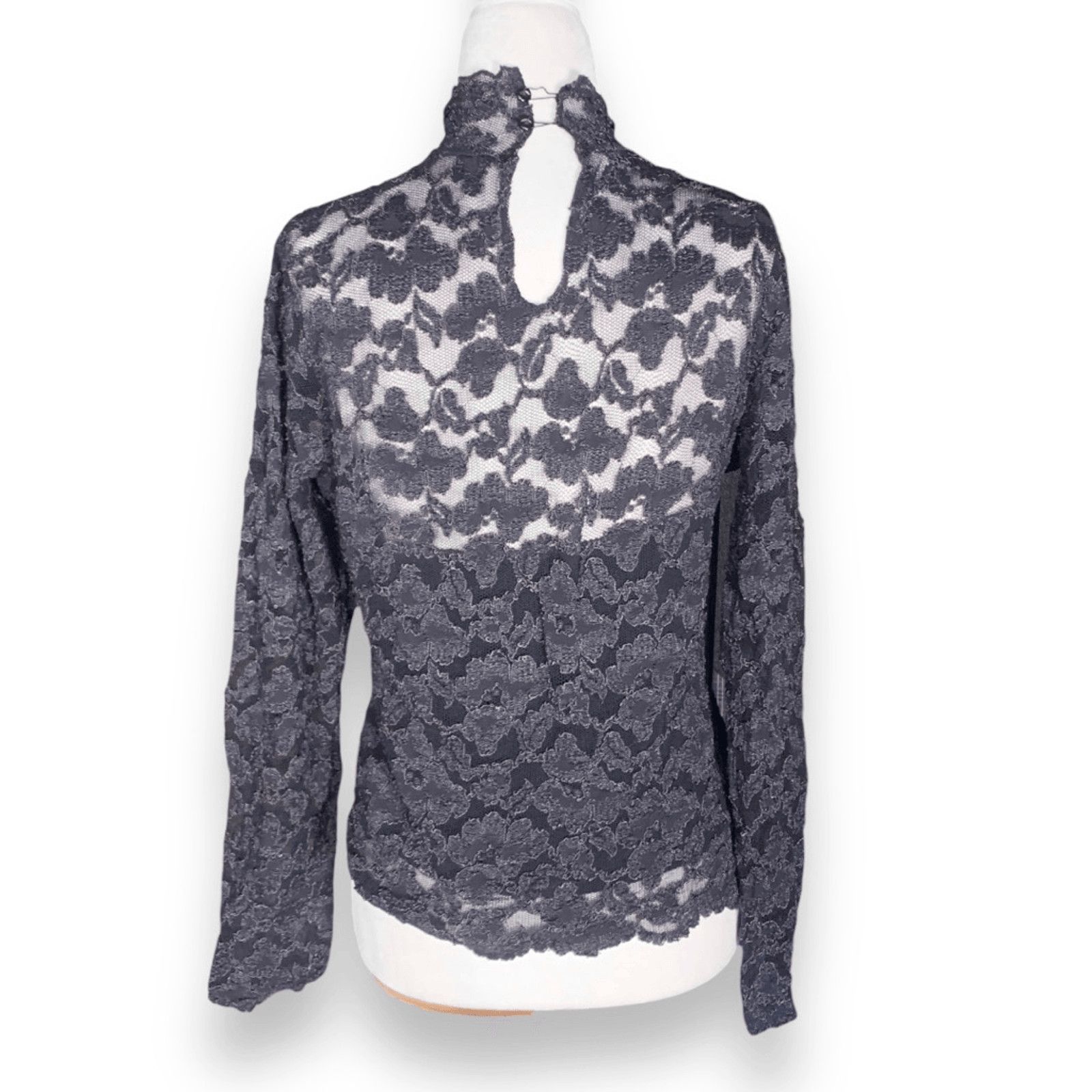 Henri Bendel × Vintage Vintage Henri Bendel Sheer Blouse Black Floral Lace Mockneck Size S / US 4 / IT 40 - 6 Thumbnail