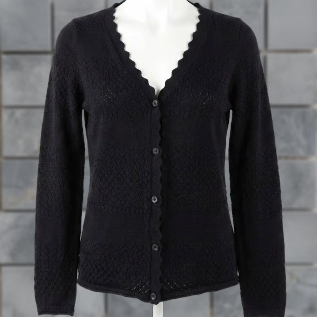 Frye Frye Cardigan Sweater Womens S Black 100% Cotton Preppy Dark Coquette Knits Open-Knit V-Neck Button Solid Knit Cardigan, 100% Cotton, Black, S, Womens Size S / US 4 / IT 40 - 1 Thumbnail