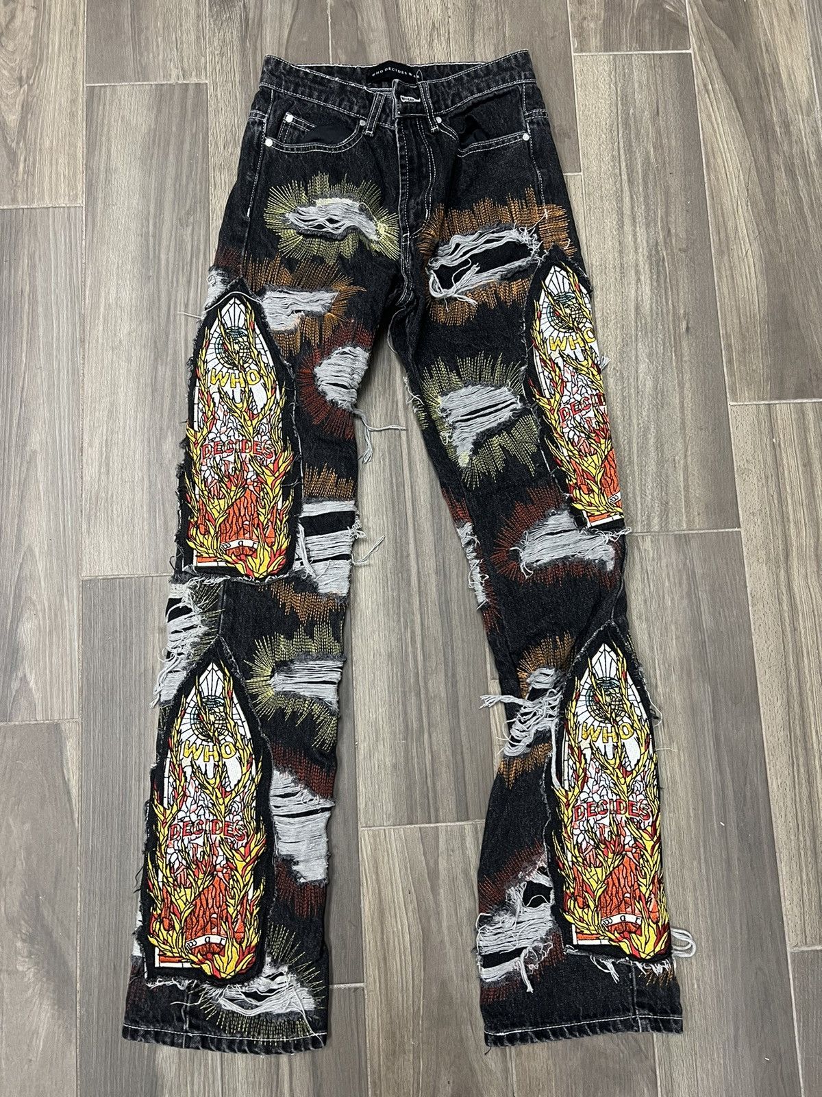 image of Who Decides War All Over Embroidery Denim Jeans Size 24 in Black, Women's