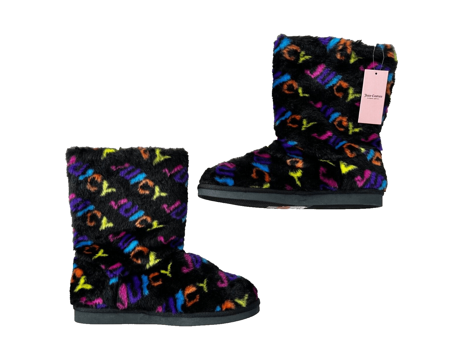 Juicy Couture Kam Faux Fur Slipper Boot Black Rainbow ( 10 )