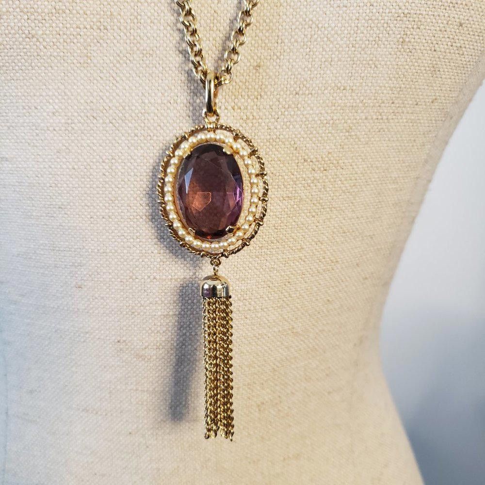 Designer Tassel Purple & Gold Tone Crystal Pendant Necklace 36" Size ONE SIZE - 2 Thumbnail