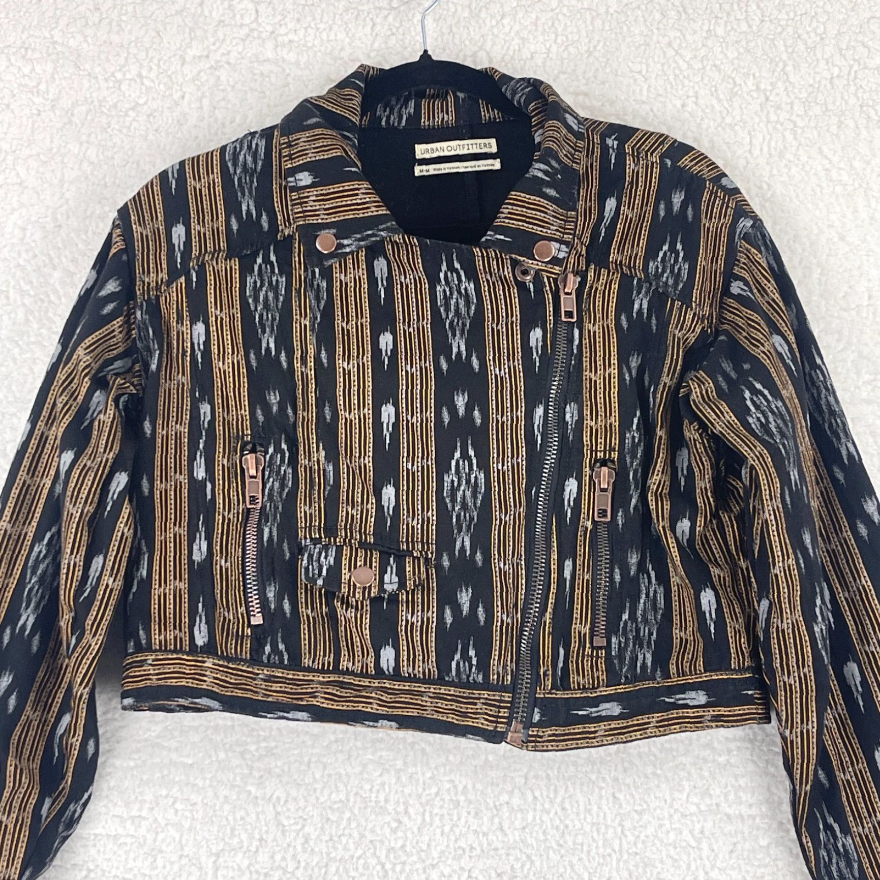Urban Outfitters Urban Outfitters Moto Jacket Womens M Ikat Stripe Black Yellow Long Sleeve Jacket Size M / US 6-8 / IT 42-44 - 2 Thumbnail
