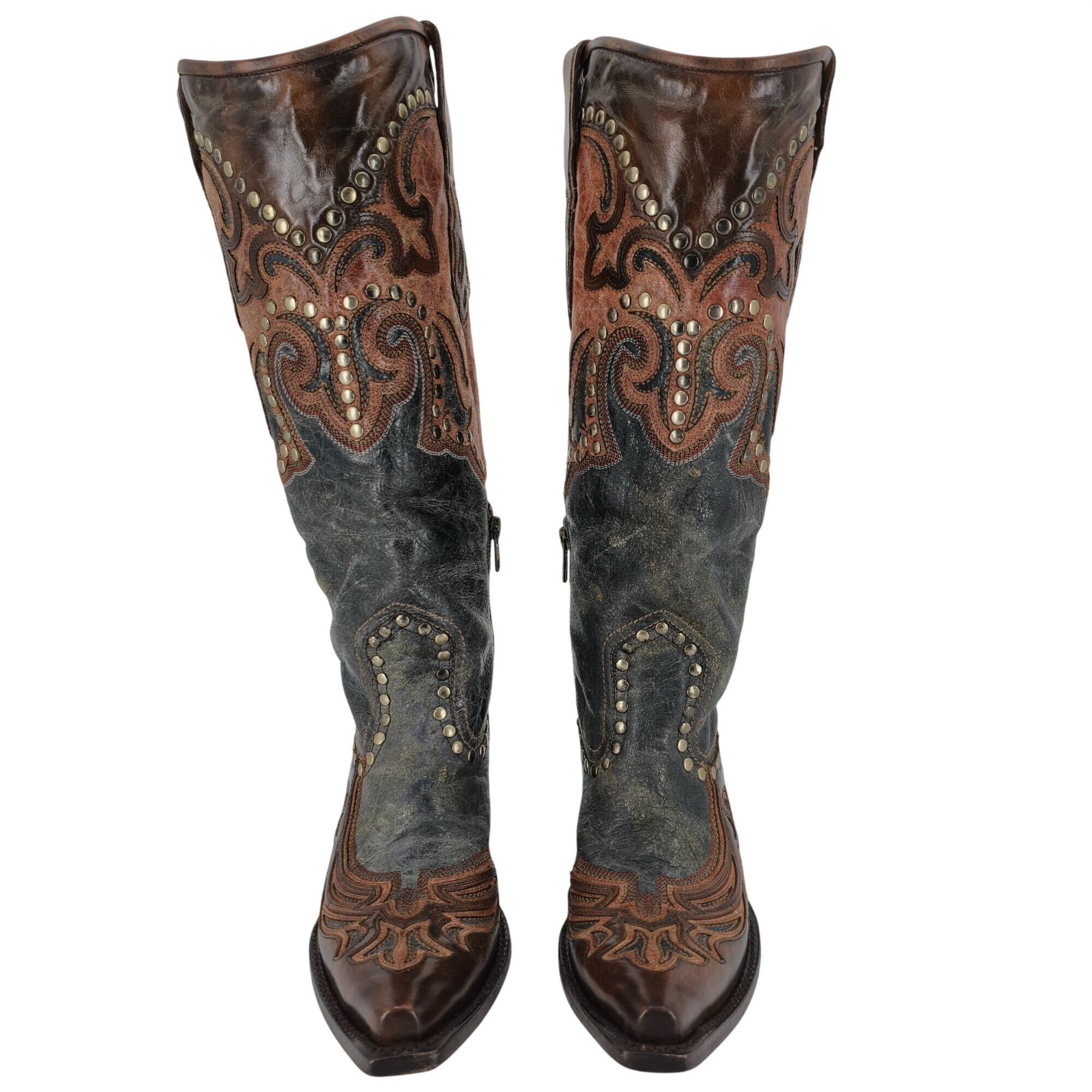Corral Corral Cowgirl Women 6 Tall Brown Gray Studded Leather Boots Size US 6 / IT 36 - 2 Thumbnail