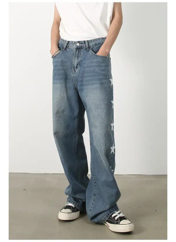 Japanese Brand Men's retro star print loose straight casual jeans Size US 32 / EU 48 - 2 Thumbnail