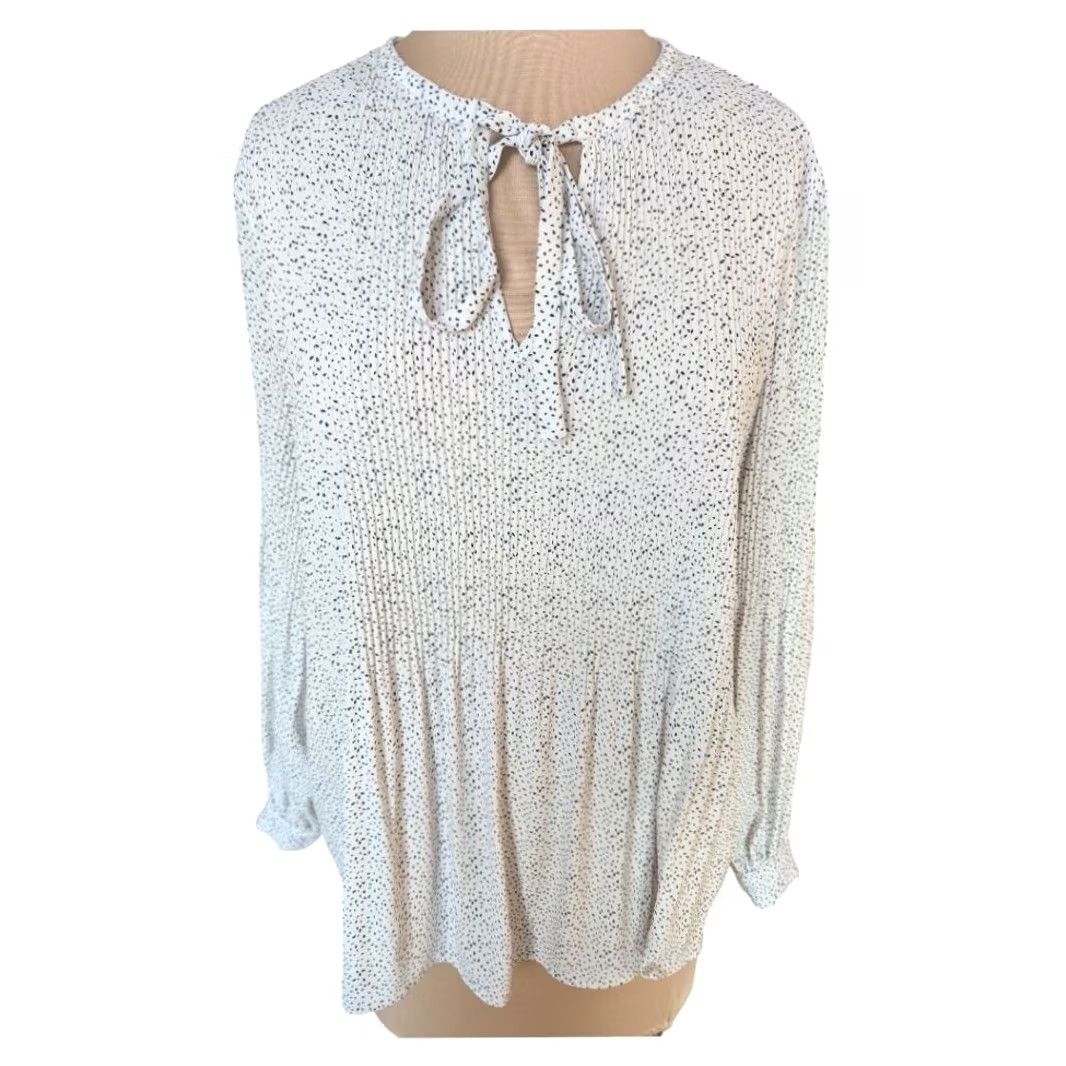 Adrianna Papell Adrianna Papell Blouse Shirt Polka Dot Long Sleeve Tie Neck Chiffon Pleated Tunic White Size XL / US 12-14 / IT 48-50 - 2 Thumbnail