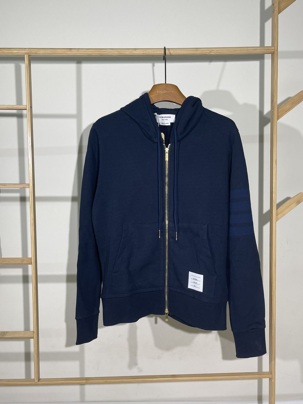 image of Thom Browne 4 Bar Loopbafk Zip Up Hoodie in Navy, Men's (Size Medium)