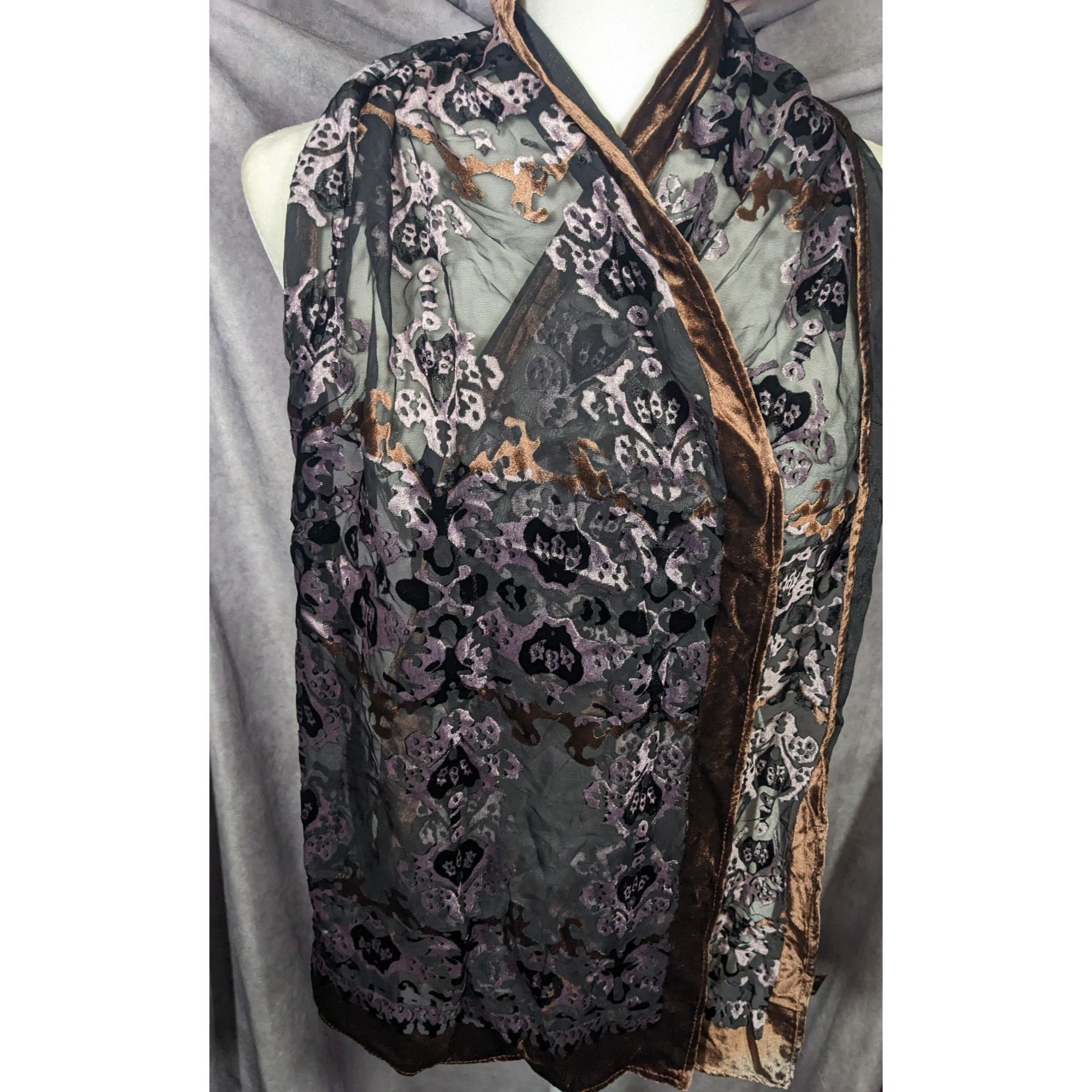 Other Brown And Lilac Gothic Damask Velvet Burnout Scarf Size ONE SIZE - 9 Thumbnail