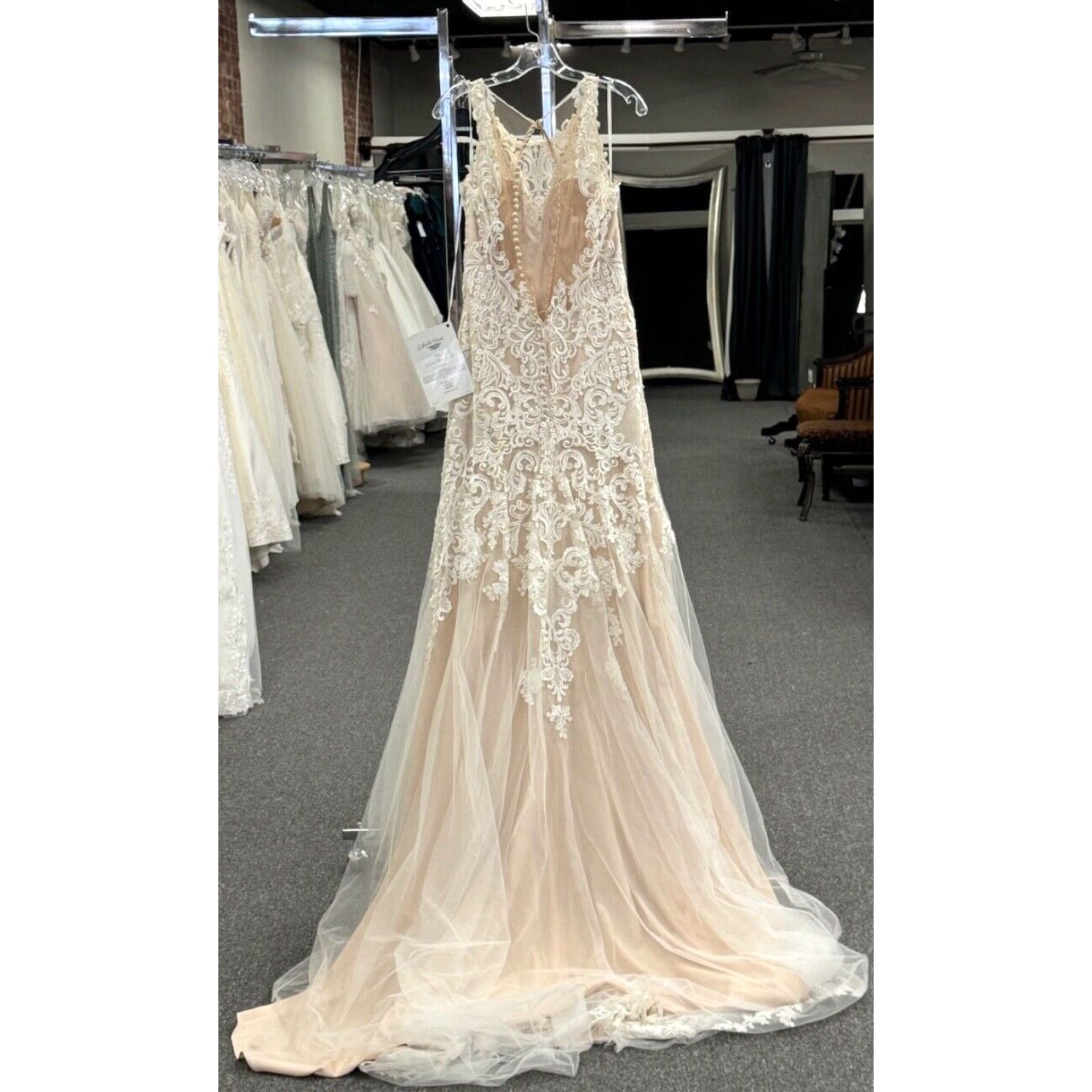 Vintage Stella York 6600 Mermaid Wedding Dress Halter Neckline Size 16 Ivory Lace Crystal Dams Ruffles Sleeveless Full-Length Ball Gown Sample Womens Size ONE SIZE - 8 Thumbnail