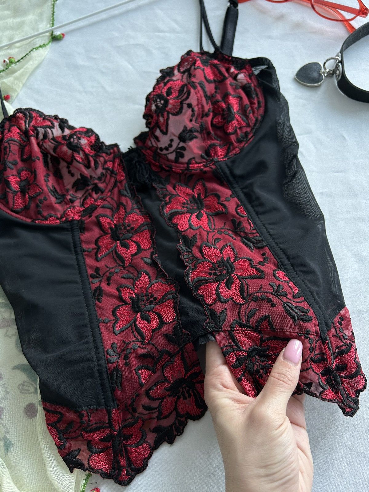 Designer × Vintage Vintage Black & Red Mesh Embroidered Corser Sexy 00s 90s Size ONE SIZE - 7 Thumbnail