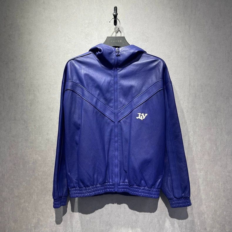 LOUIS VUITTON Purple logo print hooded leather jacket