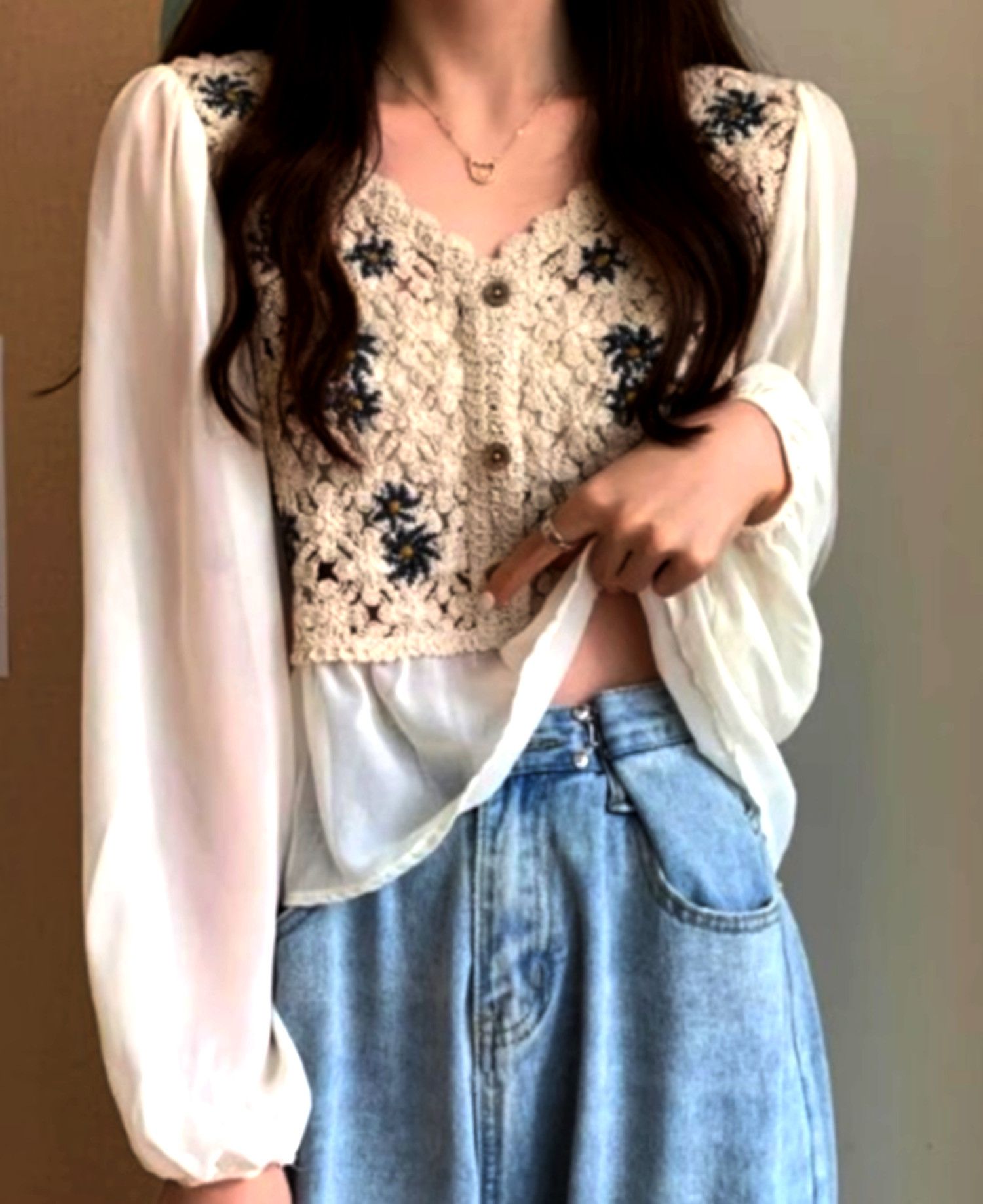 Designer × Japanese Brand × Vintage Vintage Boho Chiffon Patchwork Embroidery Ruffle Blouse Rave Size ONE SIZE - 1 Thumbnail