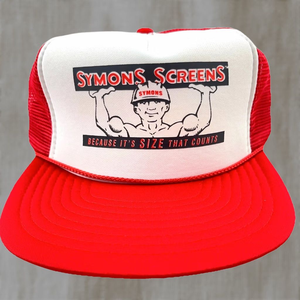 Vintage Symons Trucker Hat Cap Red White 90s Y2K Snap Back Mesh Size Matters Mens, Men's
