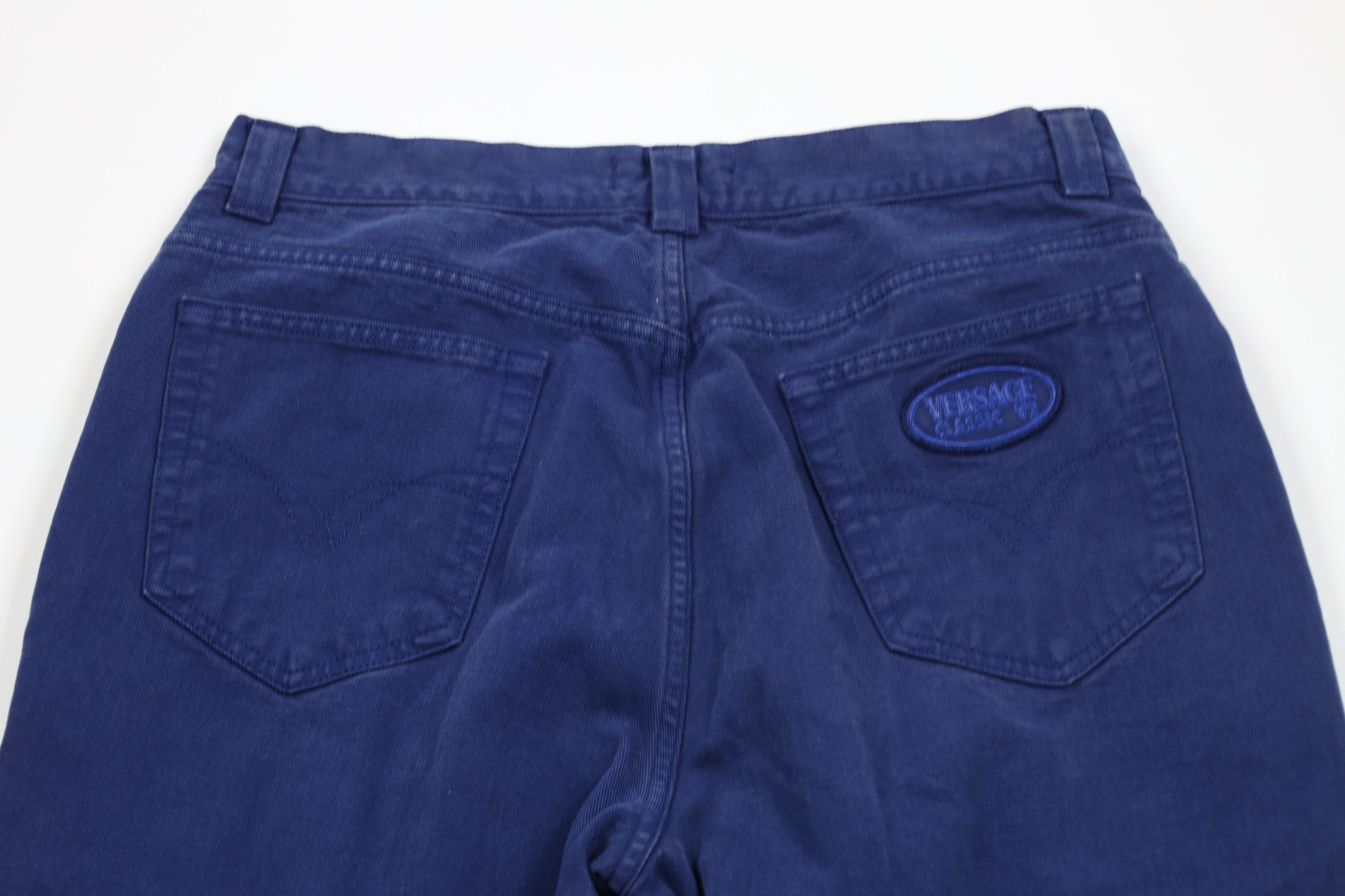 Versace × Vintage Vintage 90s Versace Spell Out Tapered Leg Denim Jeans Blue Size US 32 / EU 48 - 9 Thumbnail