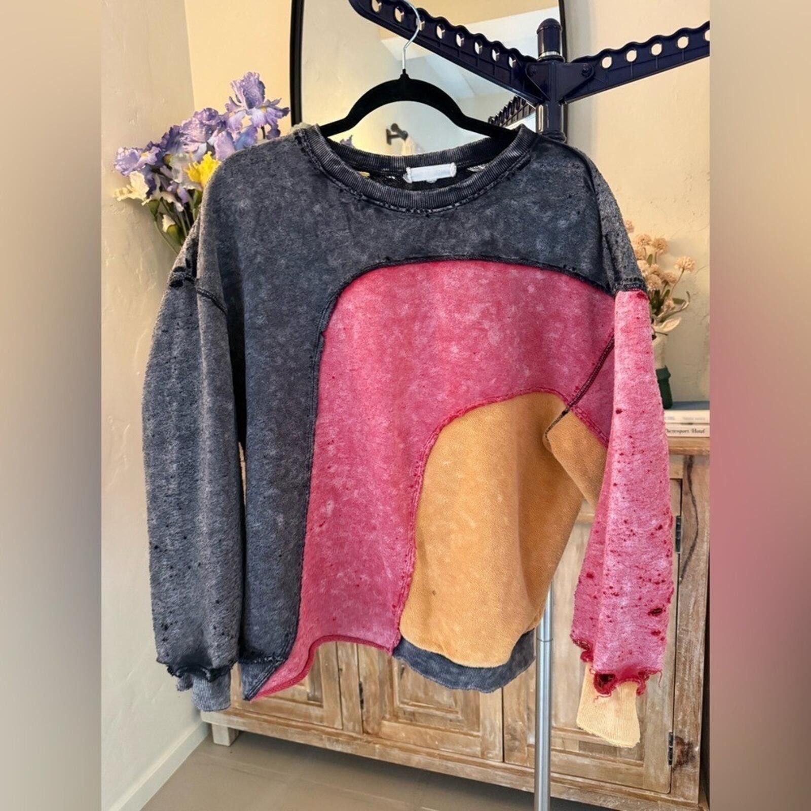 Other Gilded Intent Distressed Color Block Washed Sweatshirt Size XS / US 0-2 / IT 36-38 - 4 Thumbnail