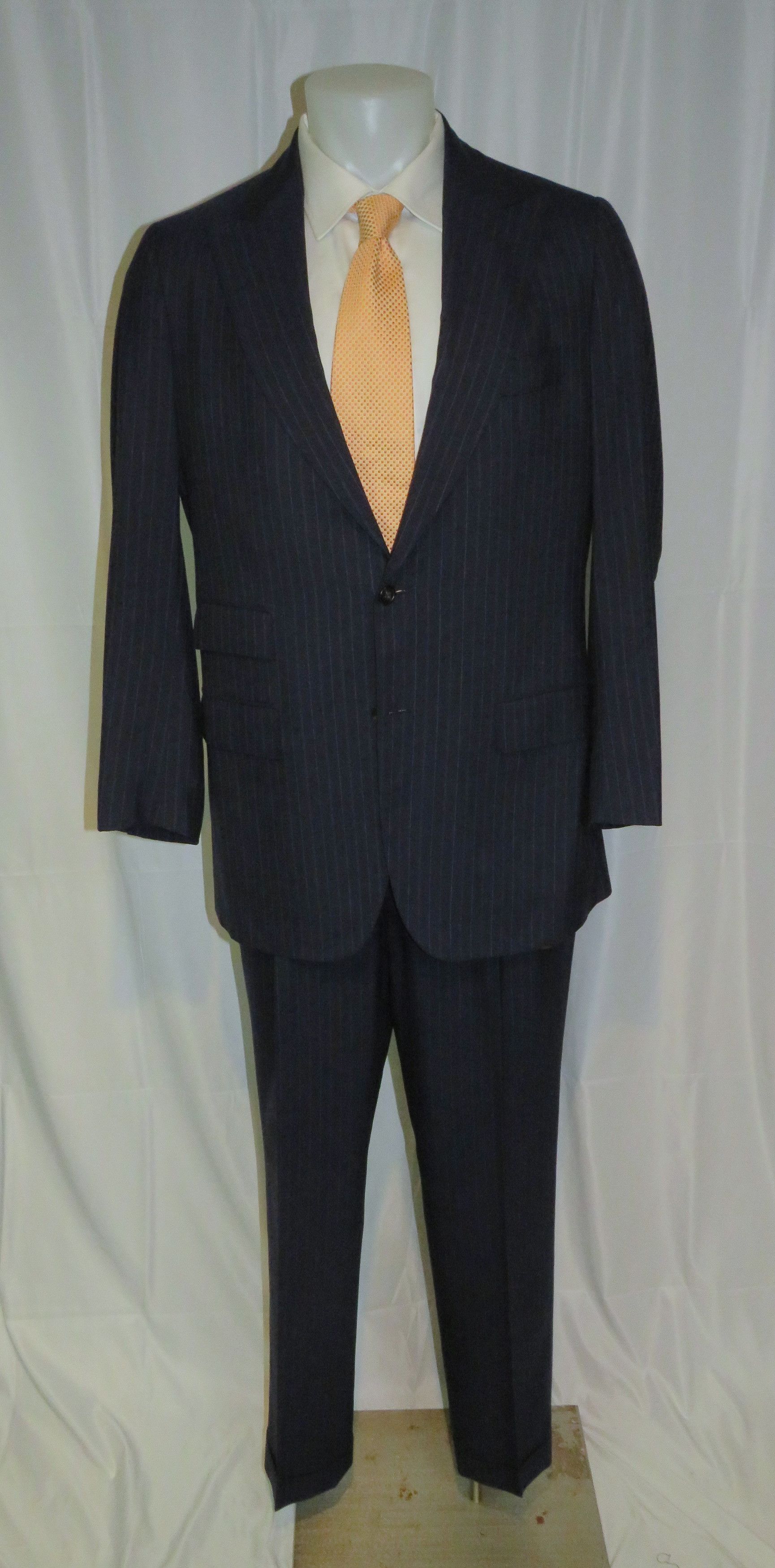 Kiton 100% Cashmere Navy Blue Striped Two Button Suit 43R Size 44R - 1 Thumbnail