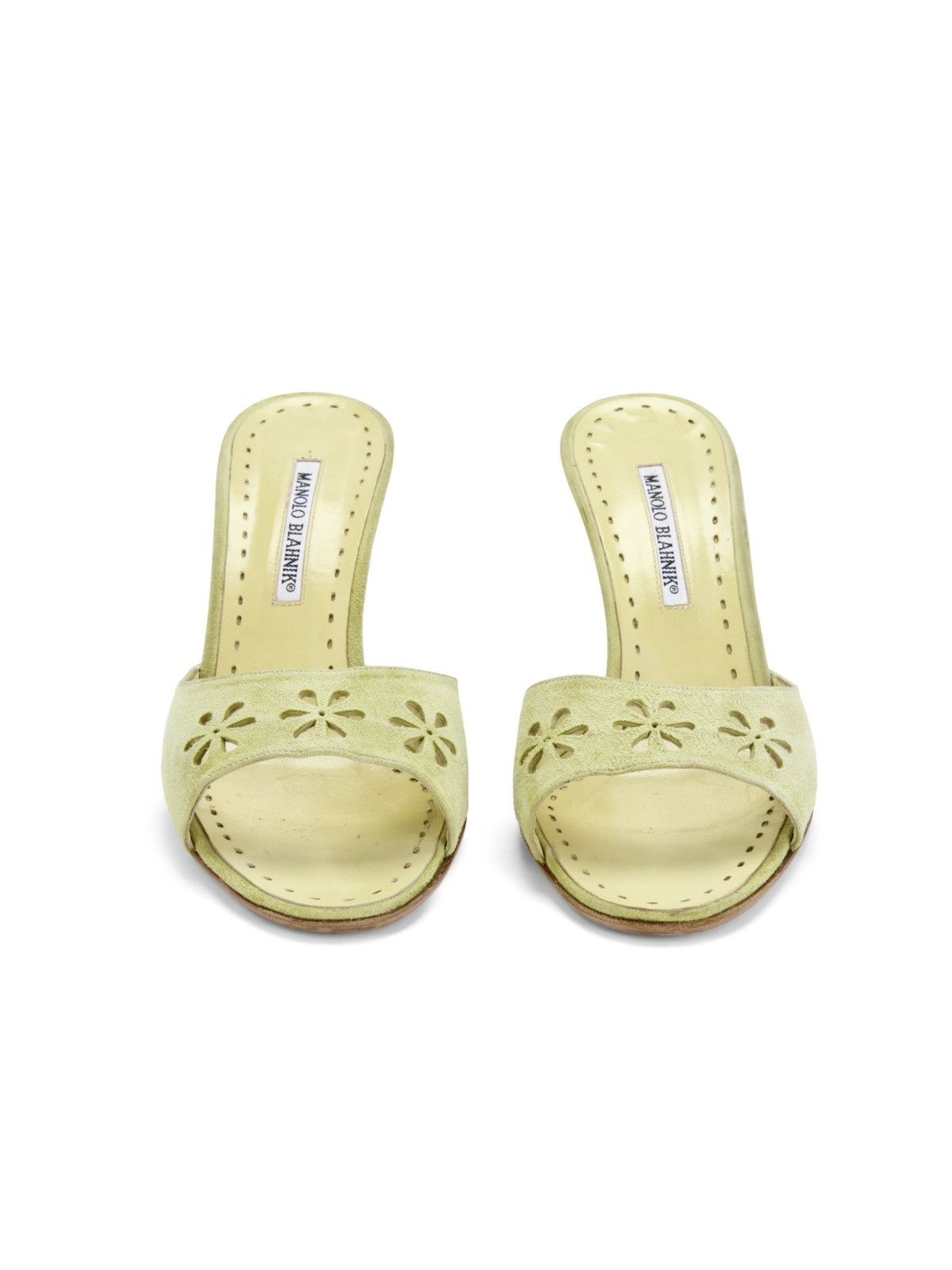 Manolo Blahnik Manolo Blahnik Green Floral Eyelet Laser Cut Suede Heels Size US 11 / IT 41 - 2 Thumbnail