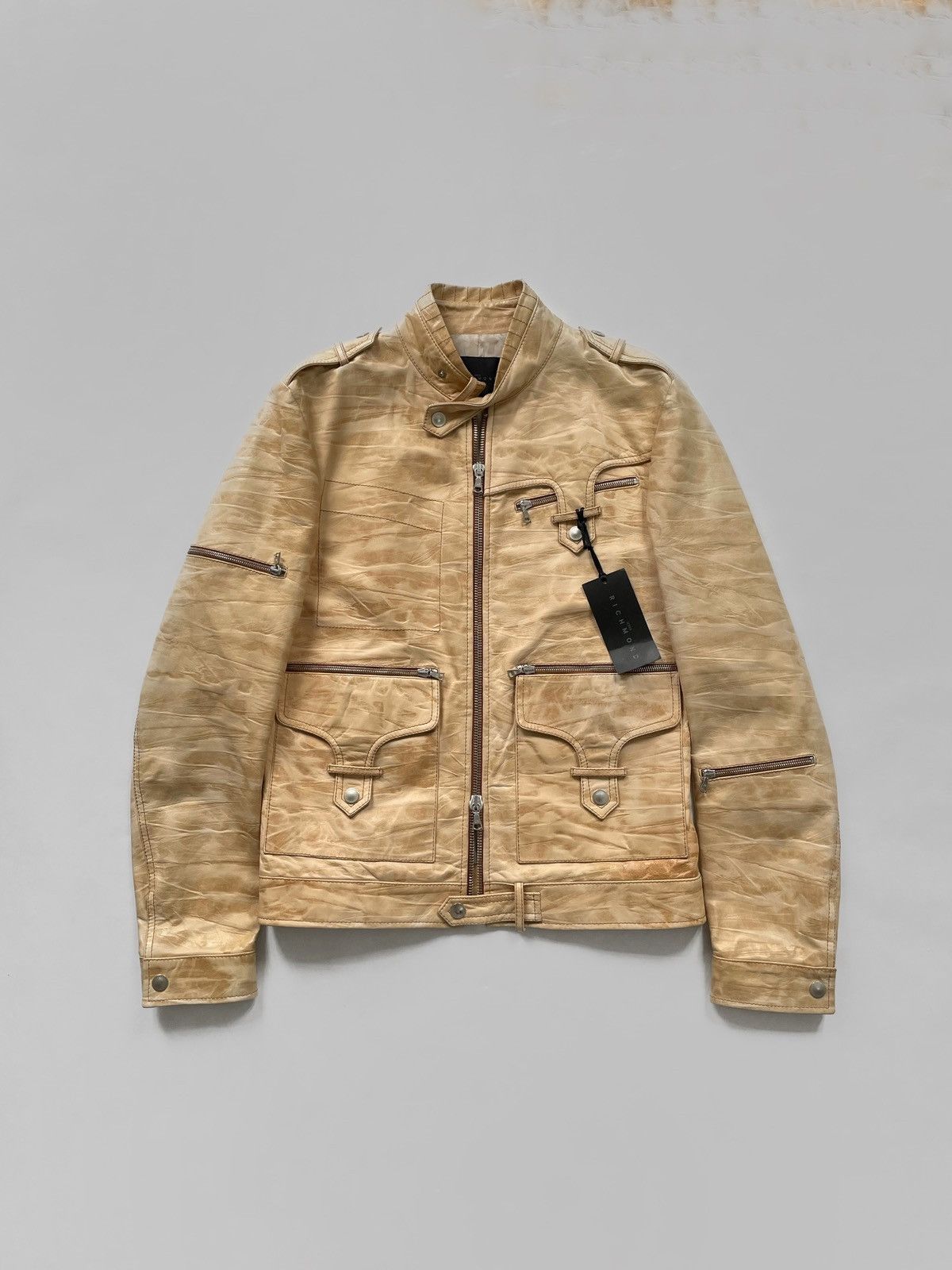 image of John Richmond Camo Leather Zip Jacket Luxury Style in Beige, Men's (Size Large)