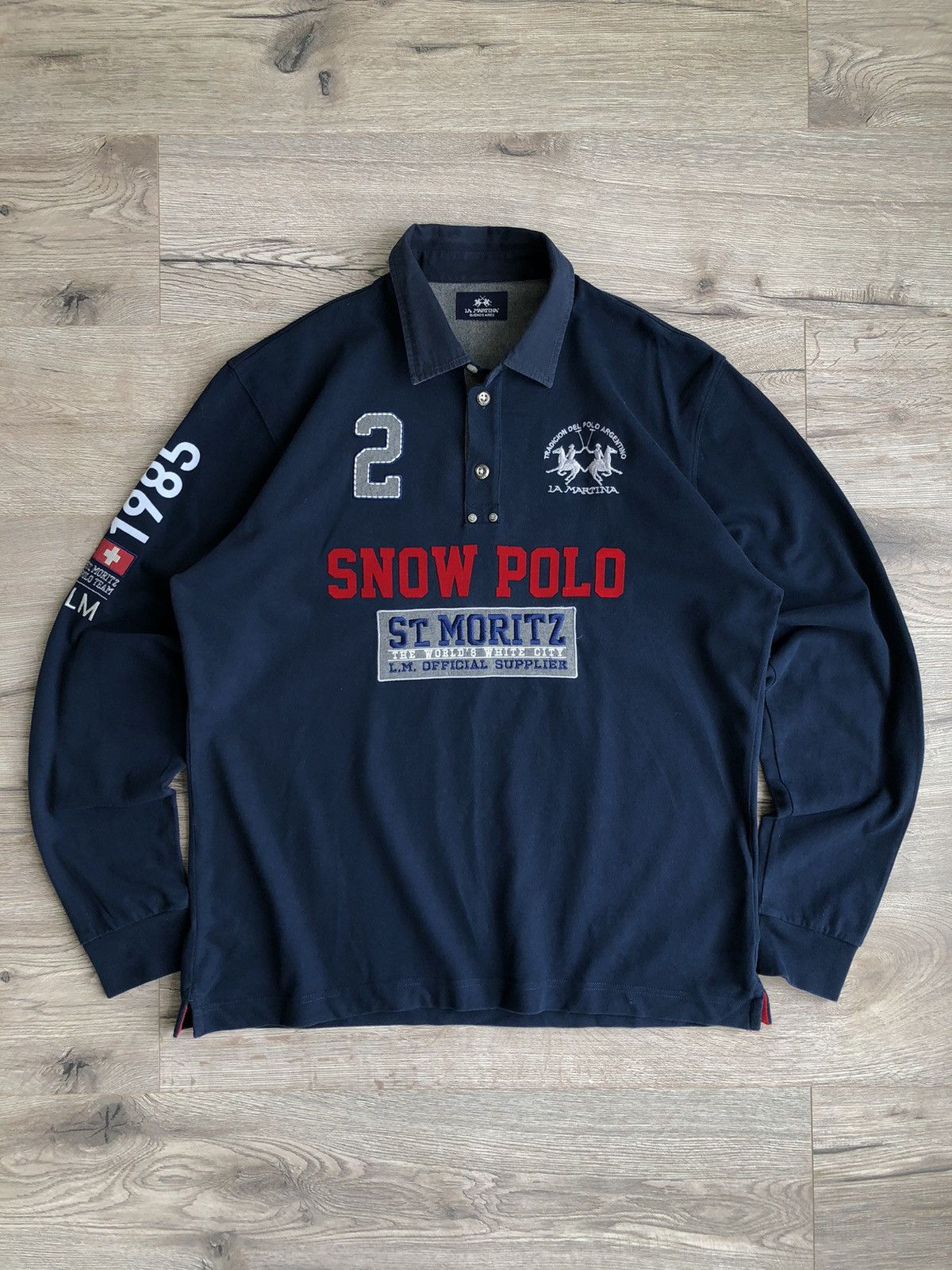 image of La Martina St. Moritz Snow Polo Rugby Shirt Vintage in Navy, Men's (Size Large)