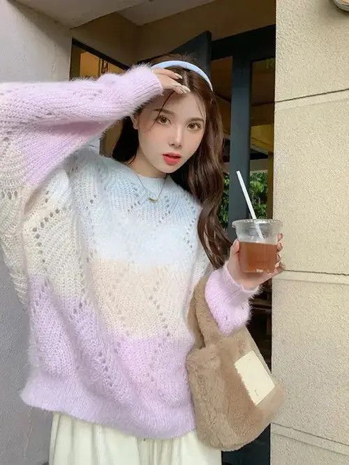Japanese Brand Zoki Hollow Out Rainbow Women Striped Sweaters Size ONE SIZE - 4 Thumbnail
