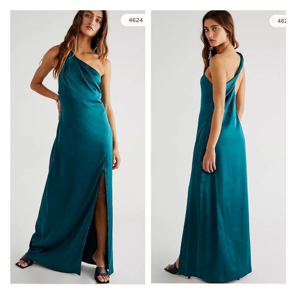knee length dresses for ladies Free People Victoria One Shoulder Green Satin Maxi Dress Party Cocktail 8  New – Finds For You main image 0