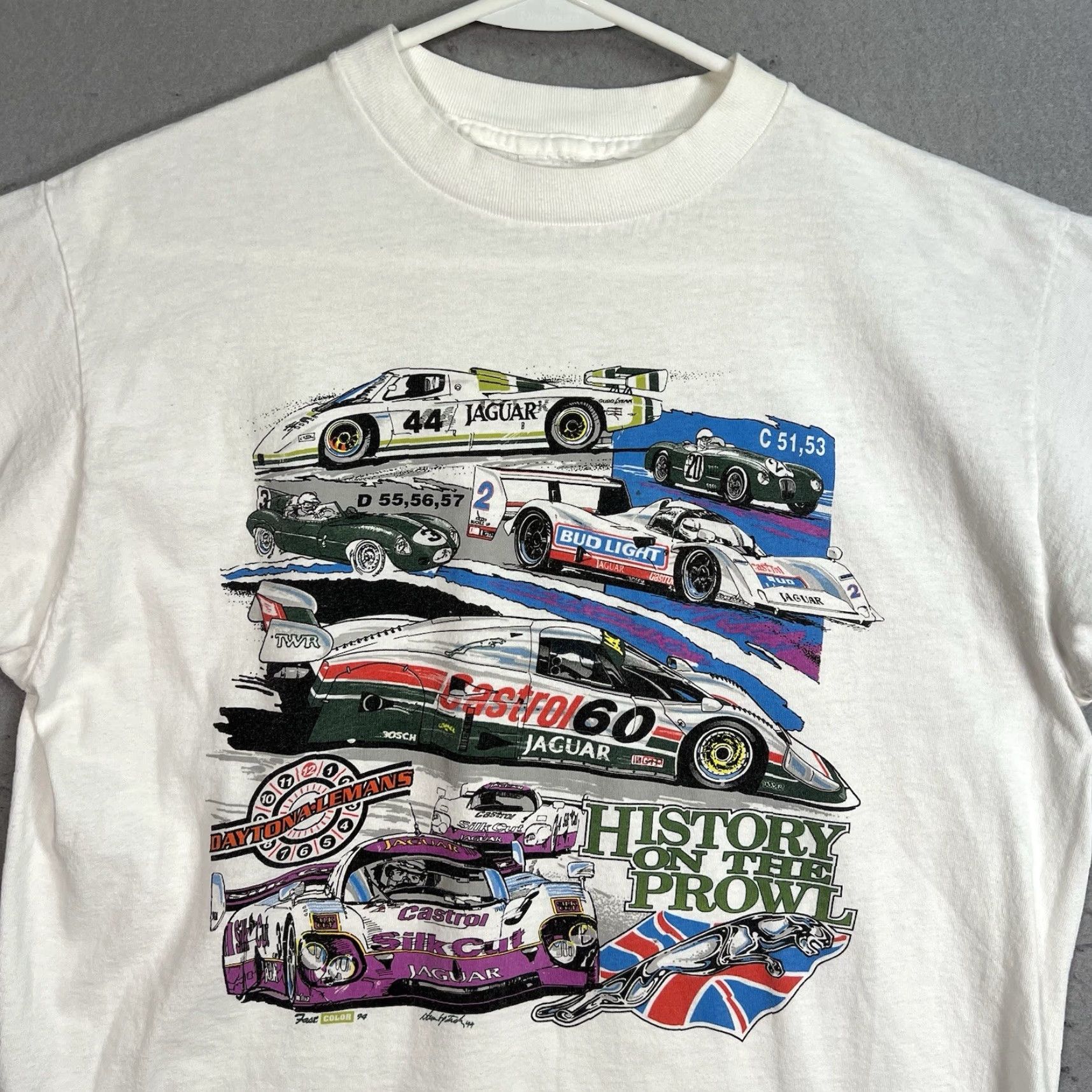 Vintage VINTAGE 1990s Jaguar Daytona Le Mans IMSA Car Racing T Shirt Adult Medium White Men Size US M / EU 48-50 / 2 - 3 Thumbnail
