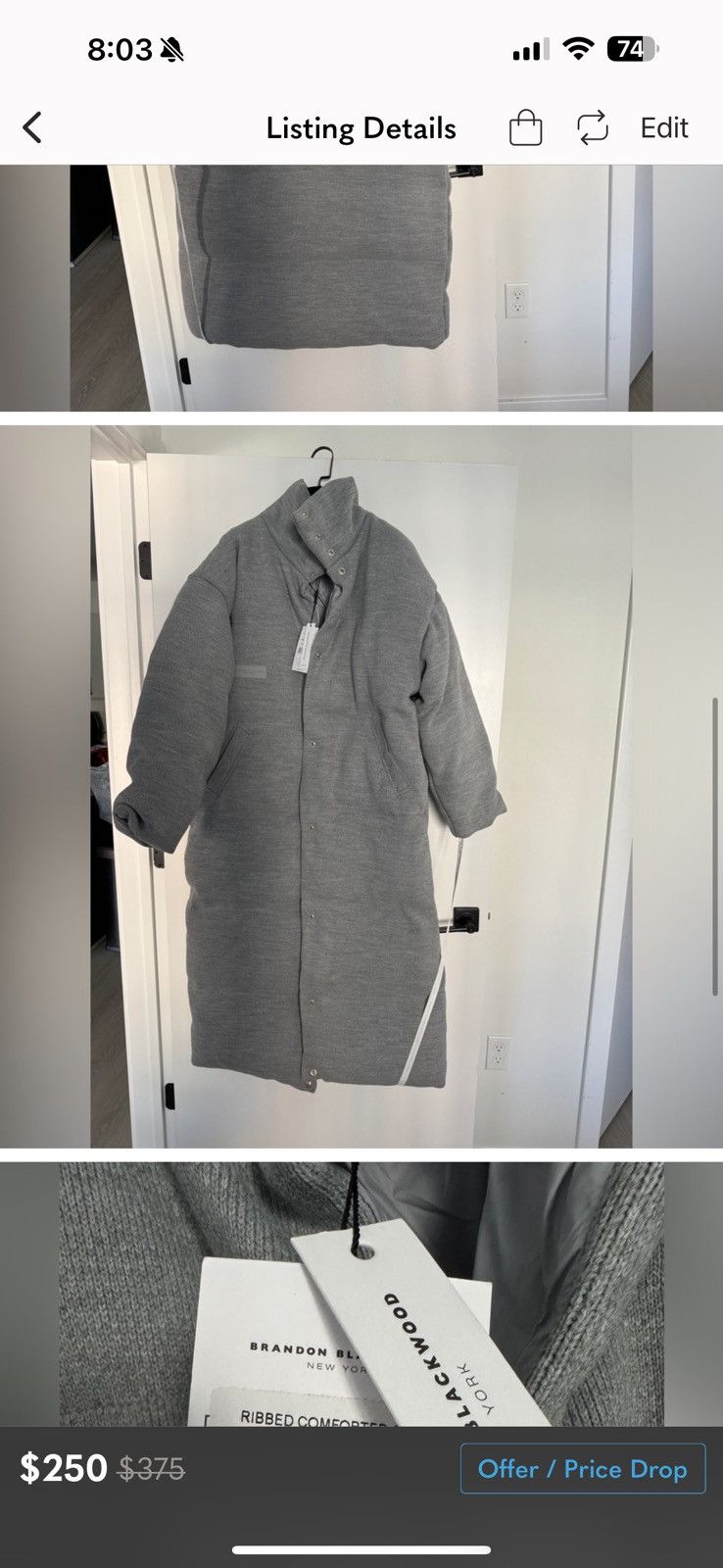 Brandon Blackwood NWT Never Worn RIBBED COMFORTER COAT Size US L / EU 52-54 / 3 - 5 Thumbnail