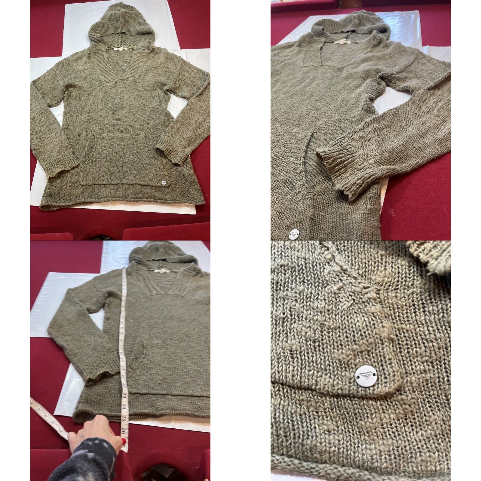 Vintage Roxy Army GREEN Hooded Sweater Knit V Neck front Pocket Slouchy Cotton Women XL Size XL / US 12-14 / IT 48-50 - 8 Thumbnail