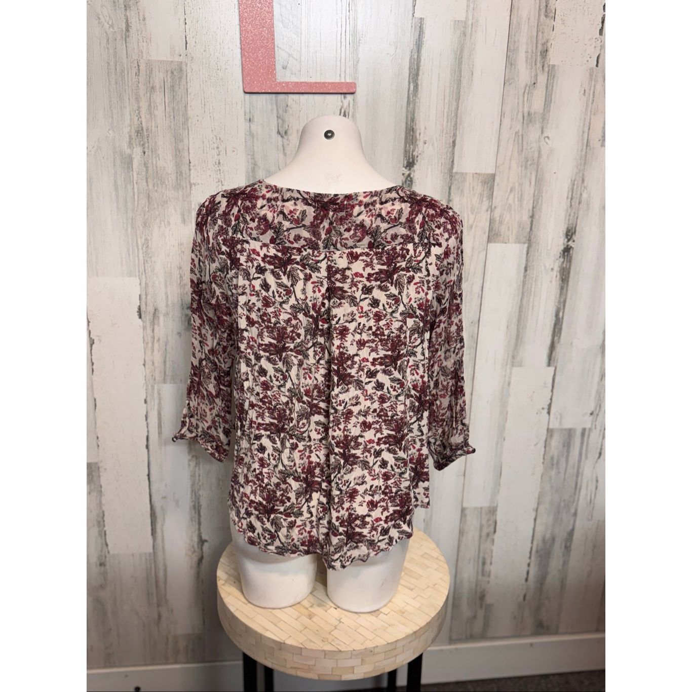 Lucky Brand Lucky Brand Boho Floral Peasant Top | Burgundy Cream Sheer Flowy Blouse – Size Large Size L / US 10 / IT 46 - 5 Thumbnail