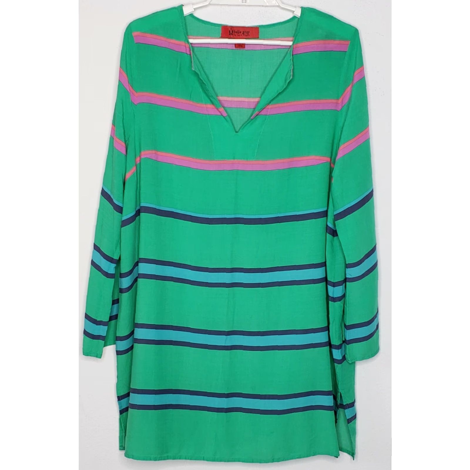 Vintage Belle Gray Tunic Top - Women Large Long Sleeve Green Stripe V-Neck Side Slit Rayon Blouse Shirt Size L / US 10 / IT 46 - 2 Thumbnail