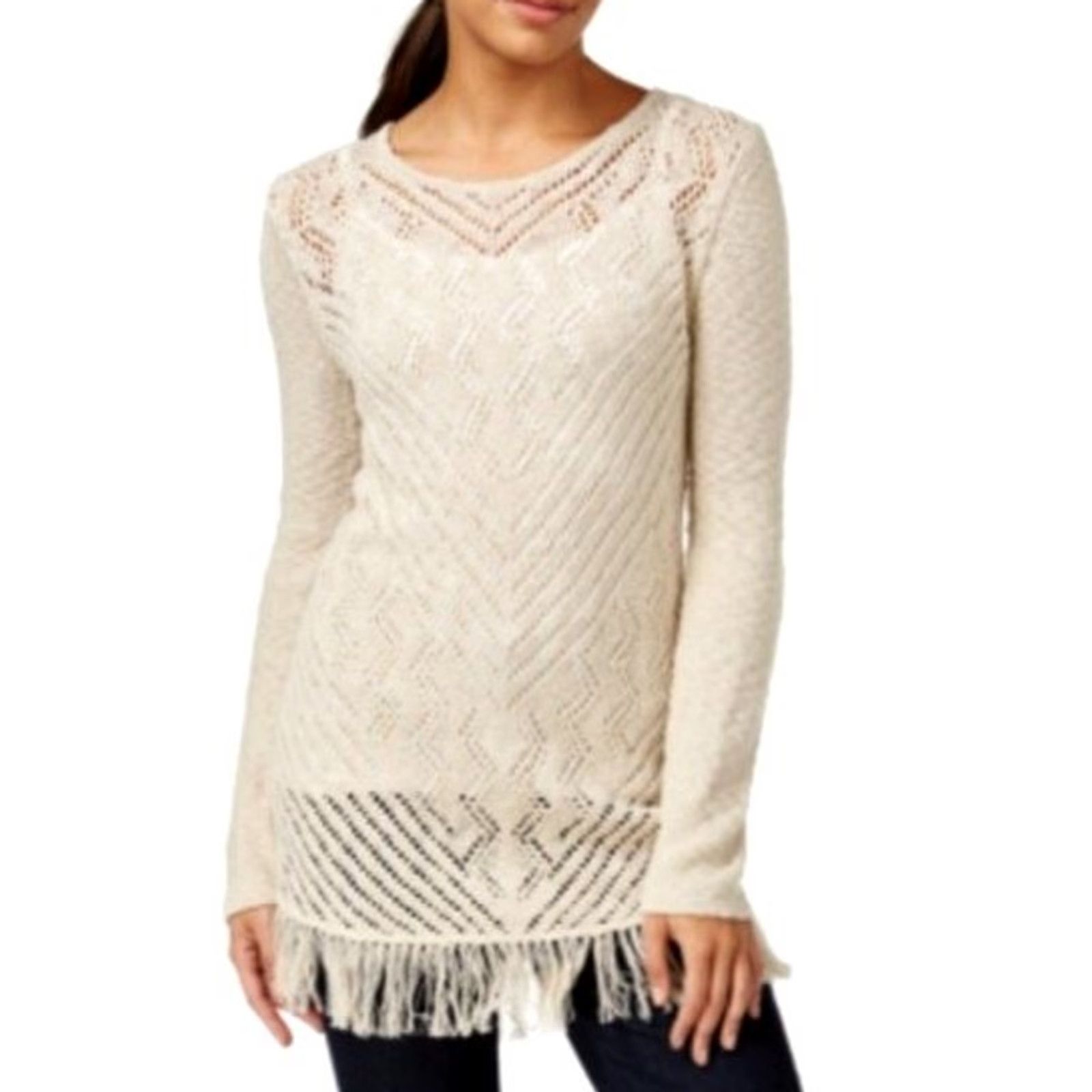 Vintage Style&co. Women's Tunic Sweater XS? No, XL? XL Beige Fringe Sheer Knit Winter Autumn Round Neck Long Sleeve - Style&co. Size XL / US 12-14 / IT 48-50 - 2 Thumbnail