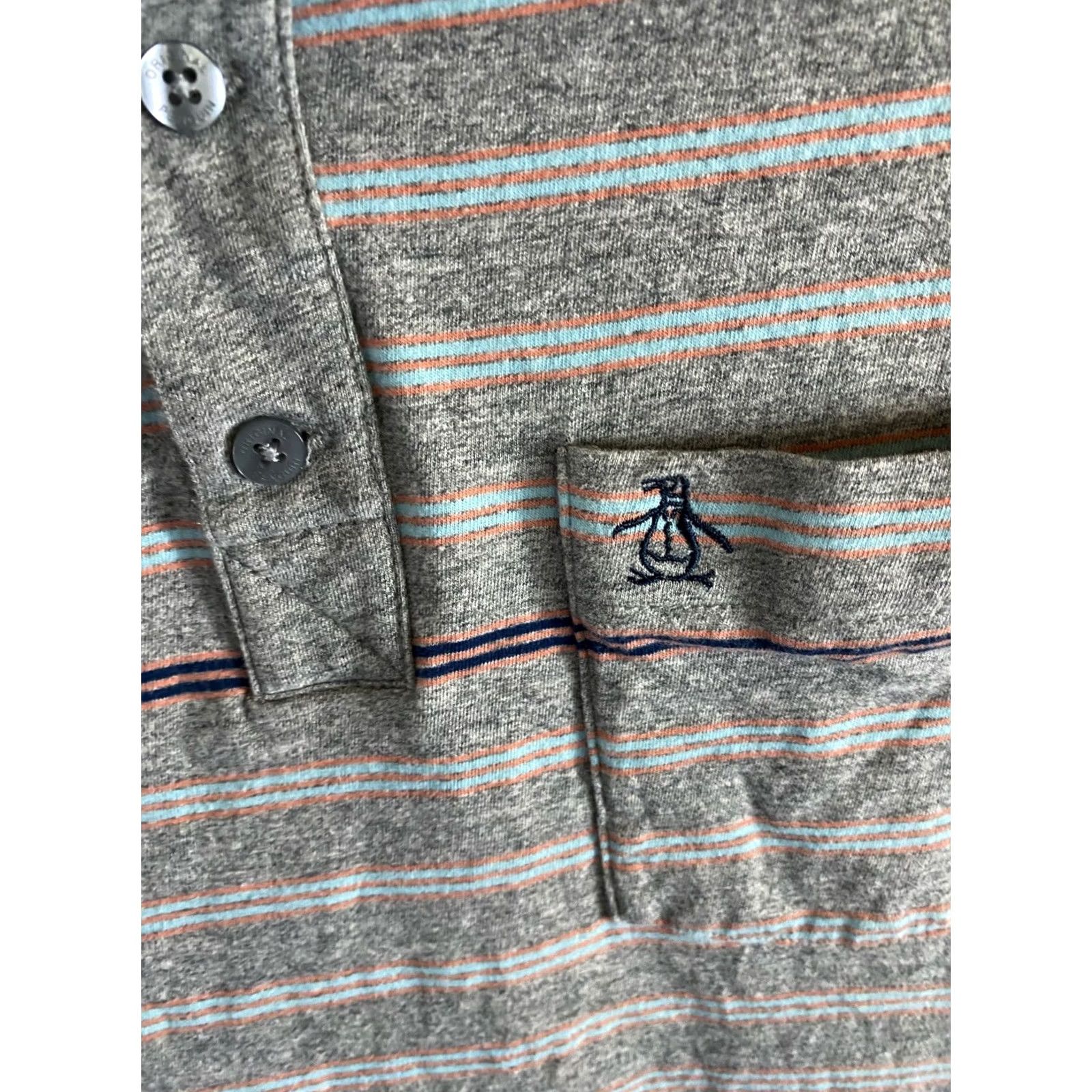Vintage Penguin Polo Shirt Mens L Gray Tangerine Stripe Pocket Classic Fit Size US L / EU 52-54 / 3 - 3 Thumbnail