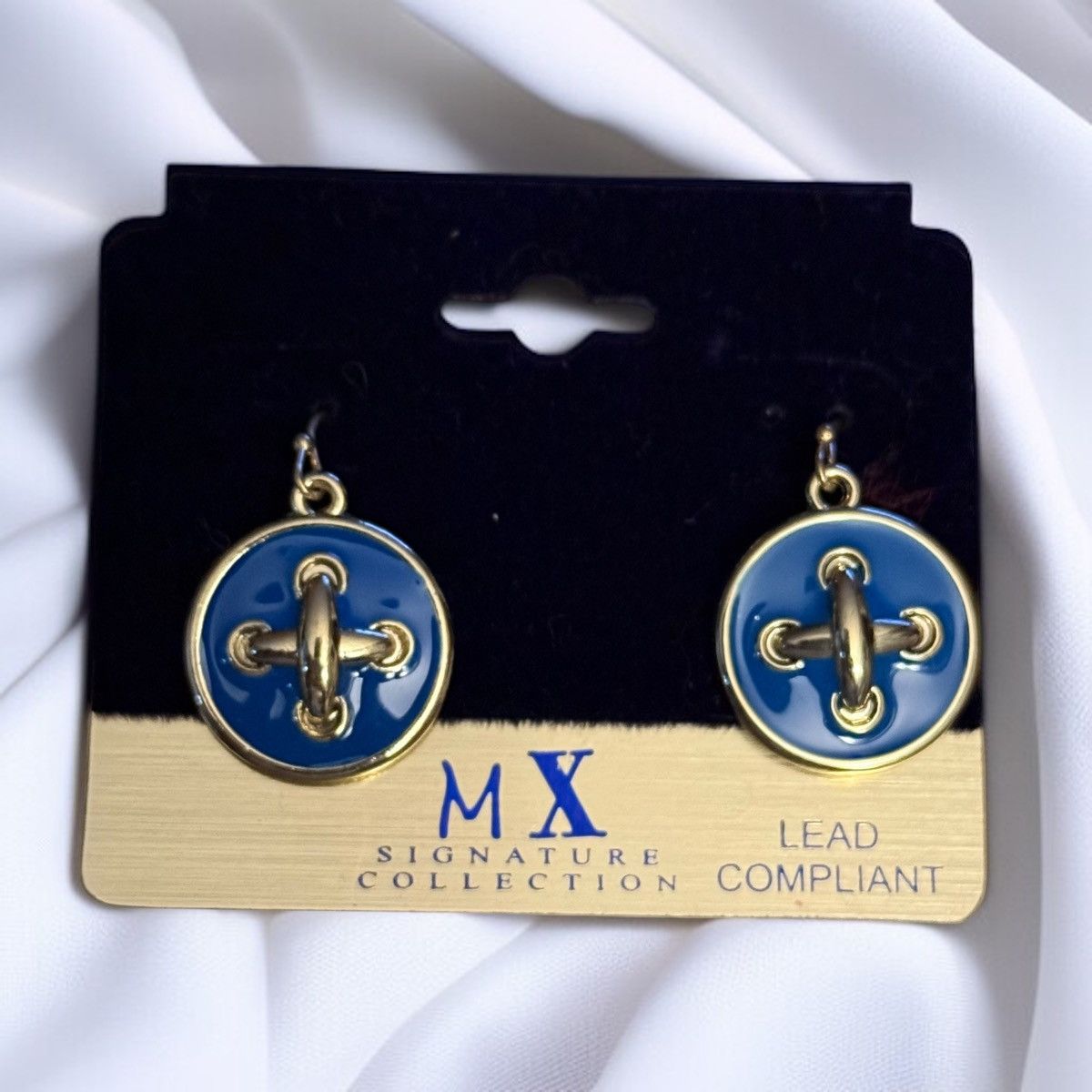 Other Gold tone blue enamel round button dangle earrings Size ONE SIZE - 1 Thumbnail