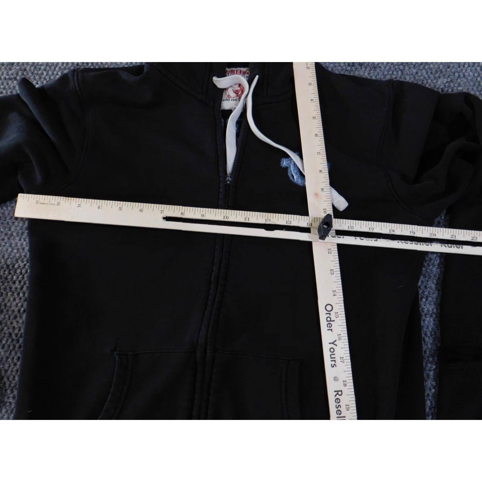 True Religion VINTAGE True Religion Hoodie Sweatshirt Mens S Black Full Zip Back Denim Patch Graphic Print Logo Zipper Kangaroo Pockets Size US S / EU 44-46 / 1 - 7 Thumbnail