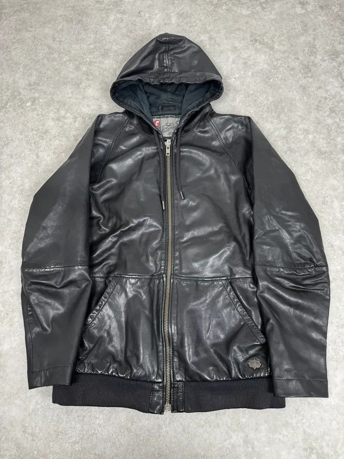 Diesel 2000s Diesel Black Leather Hood Zip-Up Jacket Size US M / EU 48-50 / 2 - 1 Thumbnail