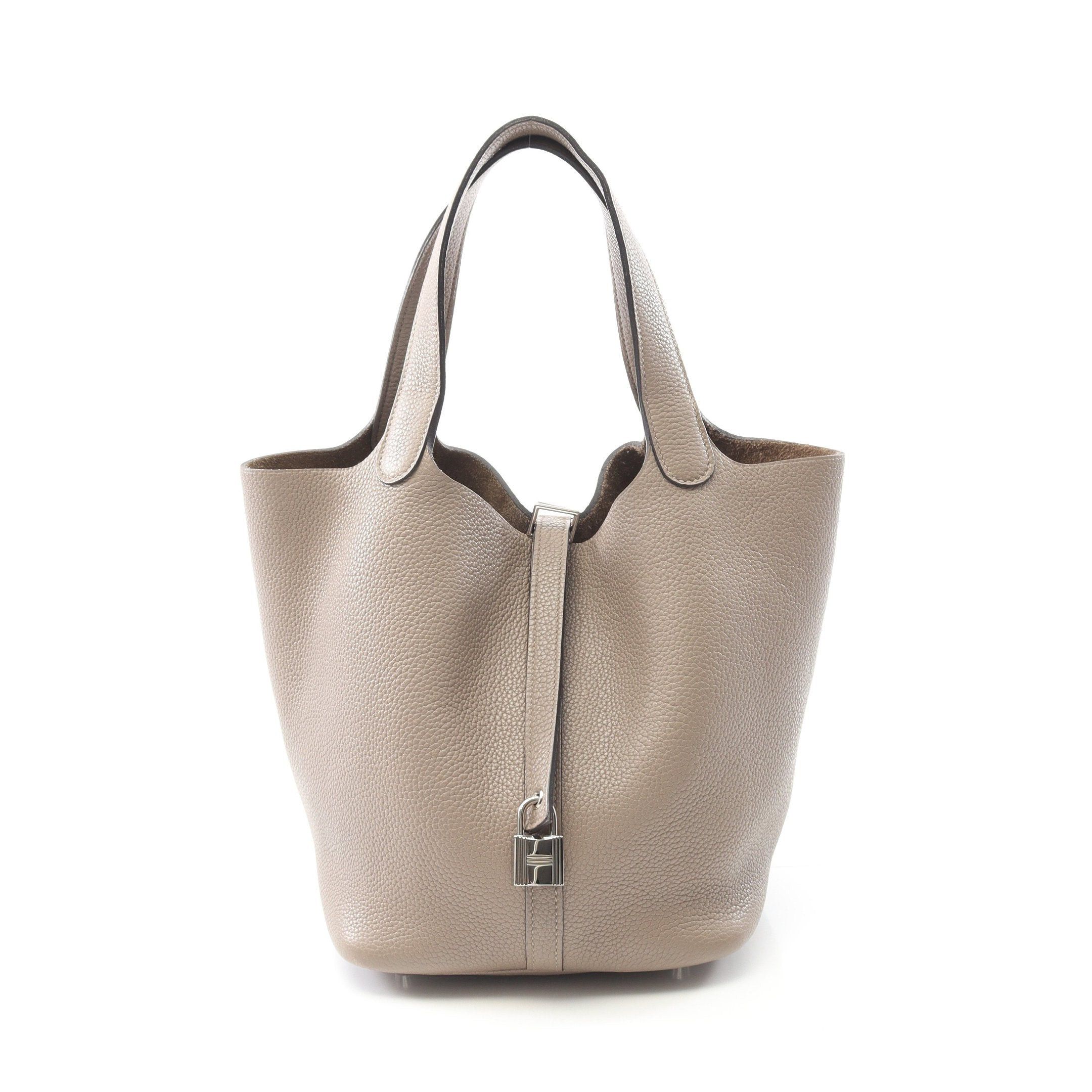 Hermes Picotane Lock Mm Handbag Clemence Leather Gray Brown Silver Hardware D Stamp