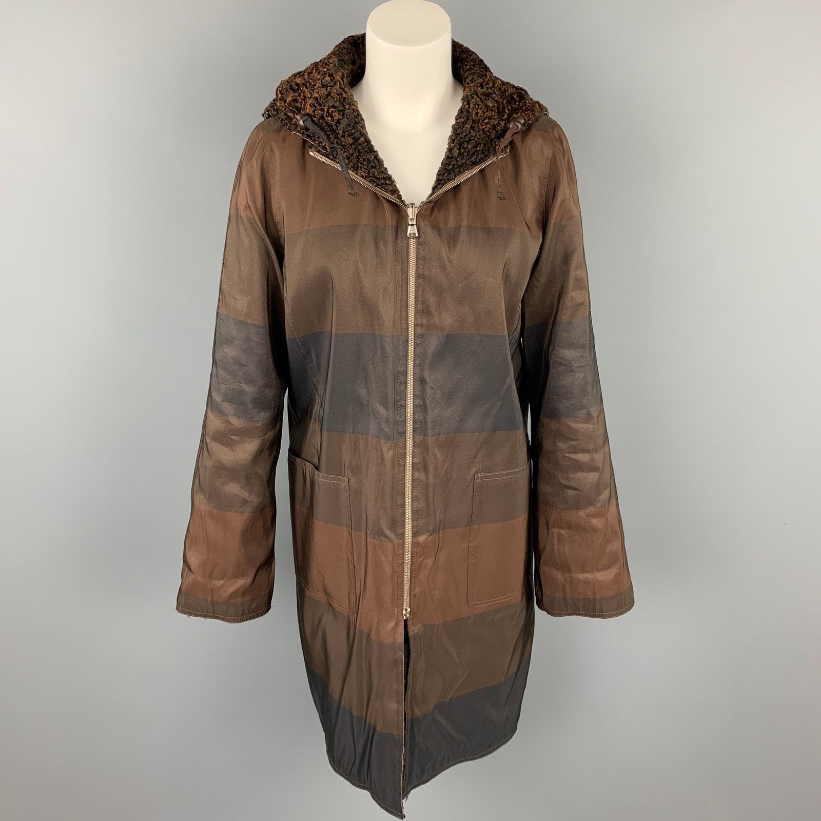 Vintage VINTAGE Brown Stripe Astrakhan Fur Reversible Hooded Jacket Size M / US 6-8 / IT 42-44 - 5 Thumbnail