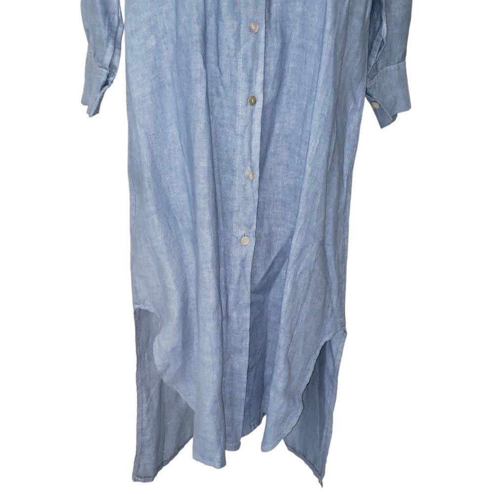 Designer CT517 Linen 100% Italian Blue Maxi Button Down Dress S/M Size S / US 4 / IT 40 - 5 Thumbnail