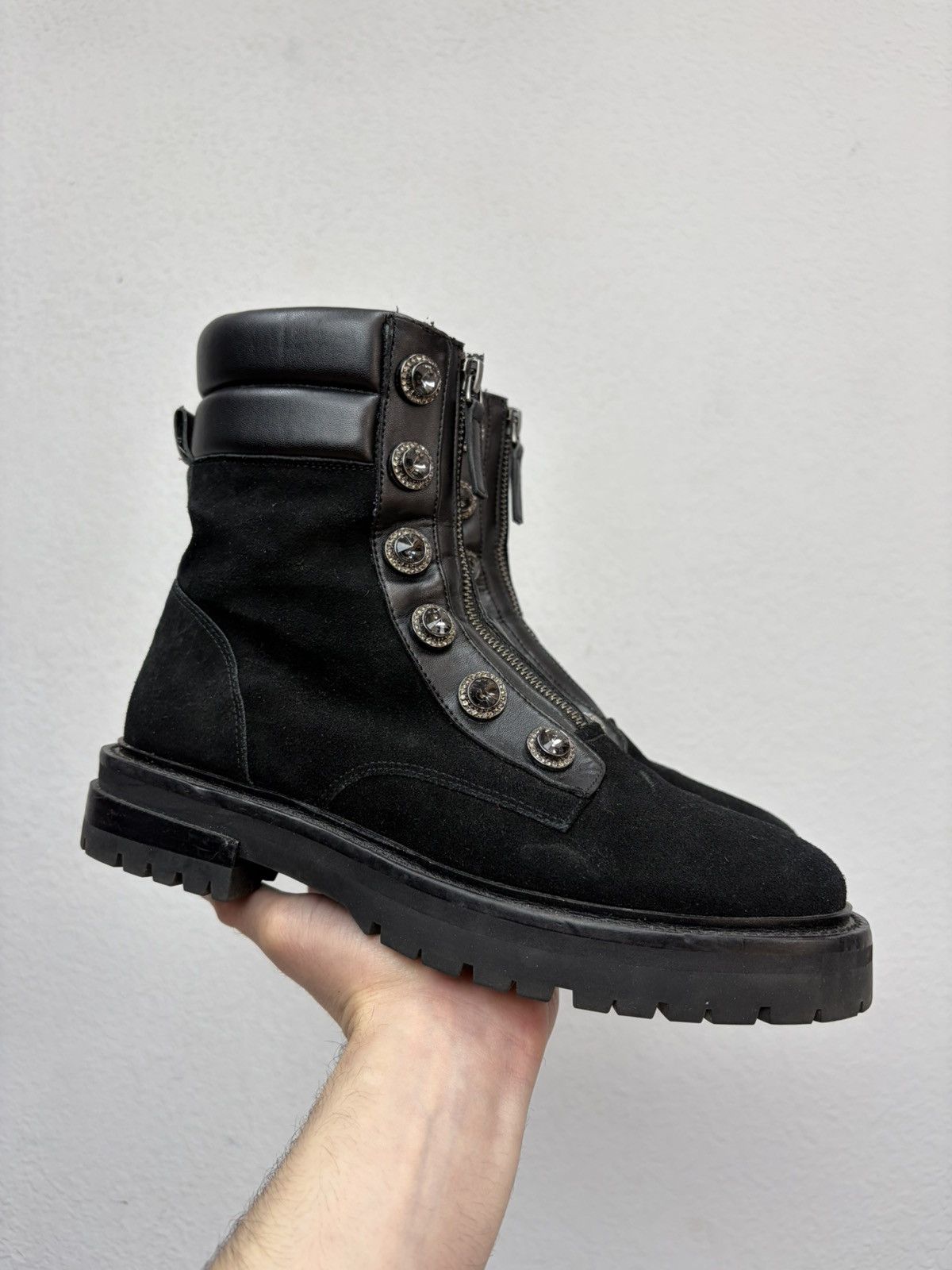 If Six Was Nine Balmain Rick Owens Style Crystal Zip Combat Boots Punk Goth Size US 7.5 / EU 40-41 - 3 Thumbnail