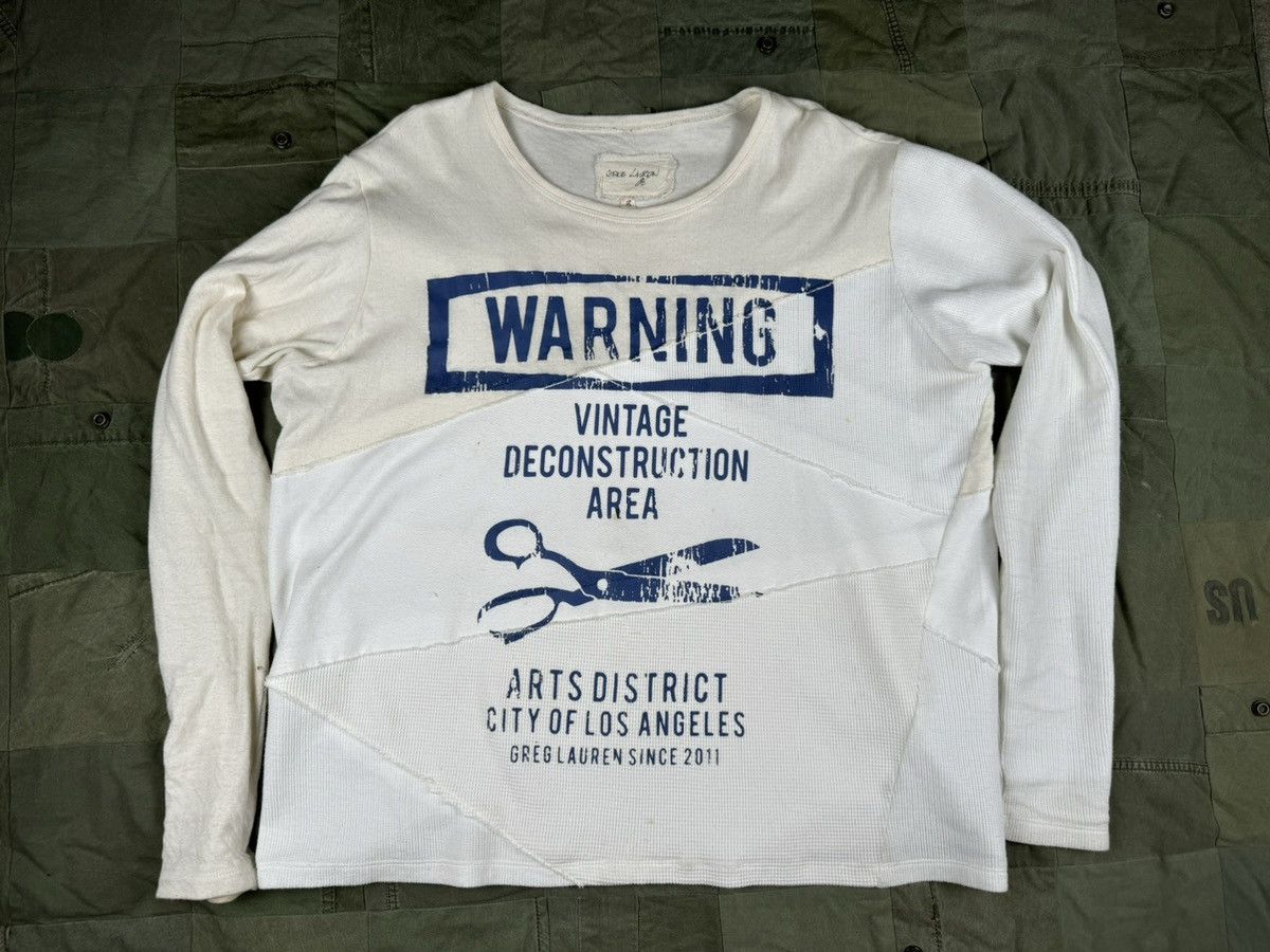 image of Greg Lauren “Warning” Mixed Jersey Tee in White, Men's (Size Large)