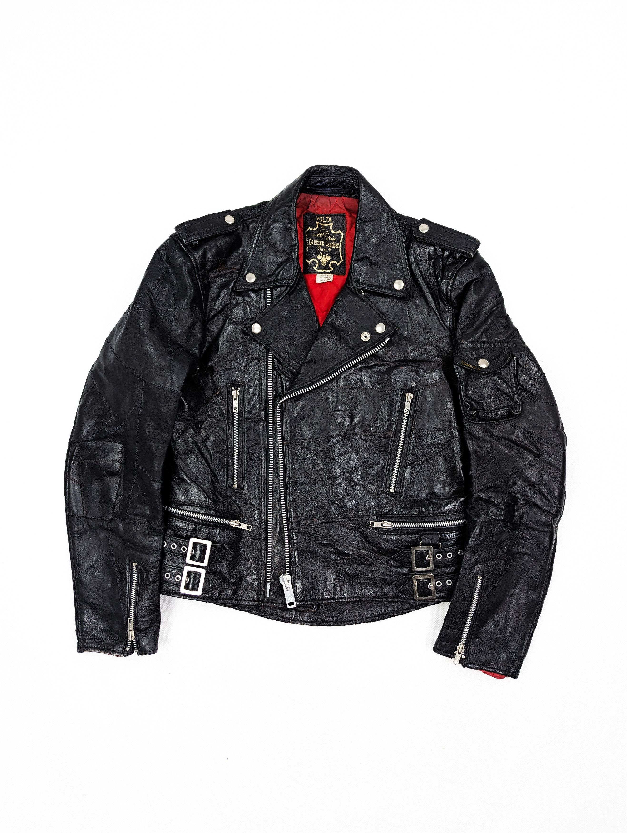image of Leather Jacket Original Vintage 80's Campri Volta Patchwork Leather in Black, Men's (Size Small)
