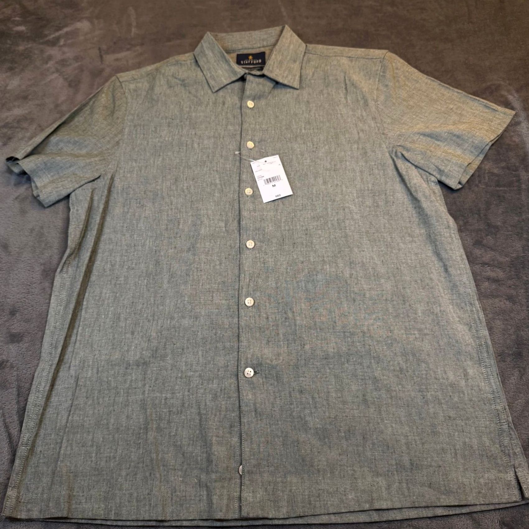 Stafford Stafford Button-Up Shirt Thyme Green Linen Blend Short Sleeve Mens M NWT Size US M / EU 48-50 / 2 - 2 Thumbnail