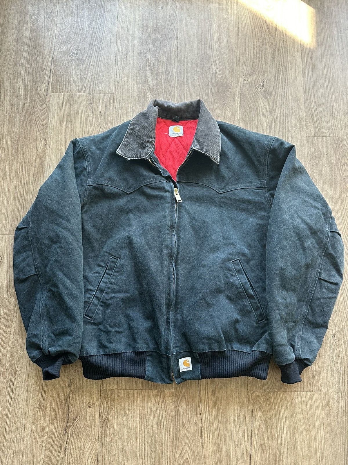 image of Black Carhartt Red Lined Santa Fe Bomber Jacket, Men's (Size Large)