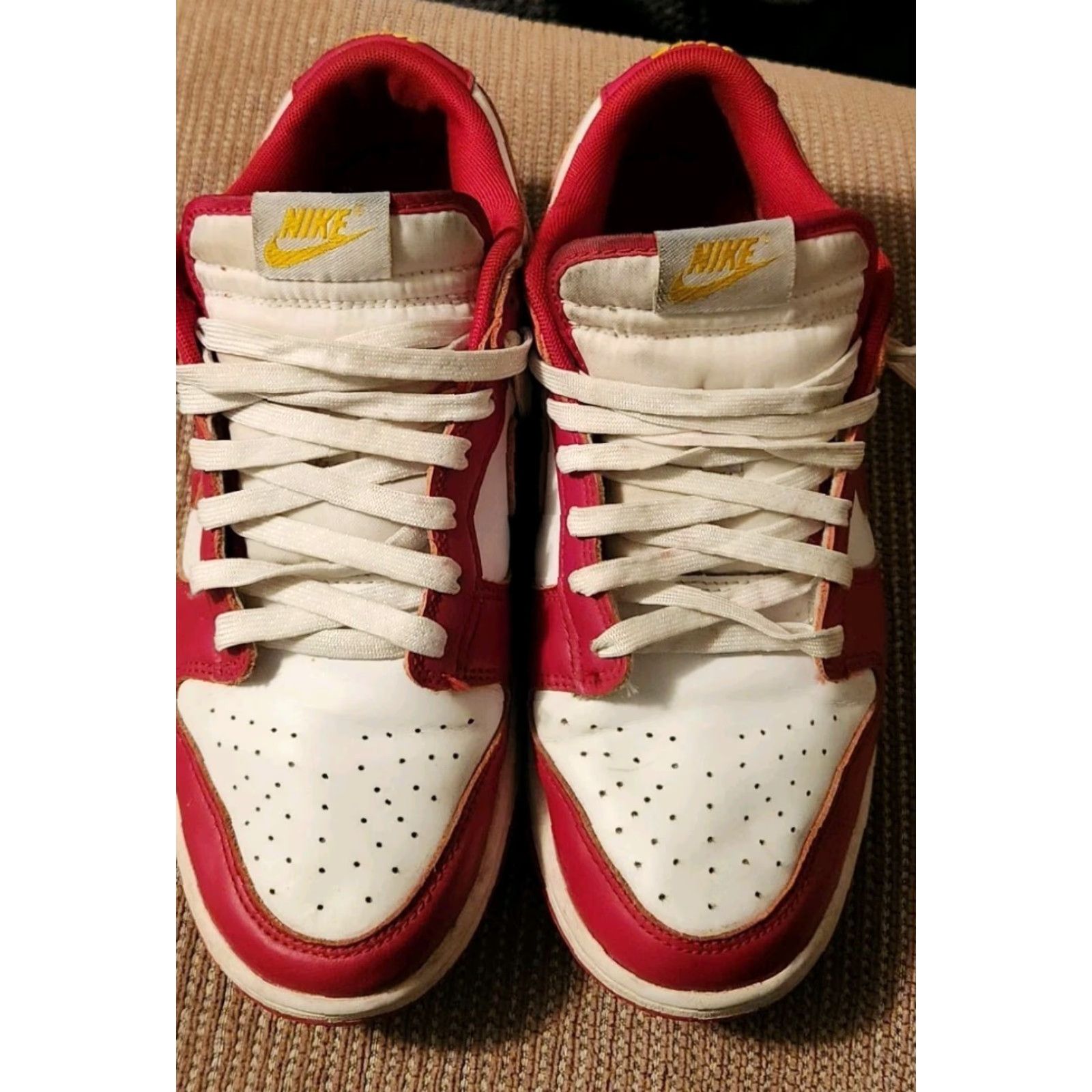Nike Nike Dunk Low Mens Sneaker, Size 9, Red White Gym Red/White/University Gold, Leather, Rubber Outsole, Casual Basketball Shoe Size US 9 / EU 42 - 3 Thumbnail