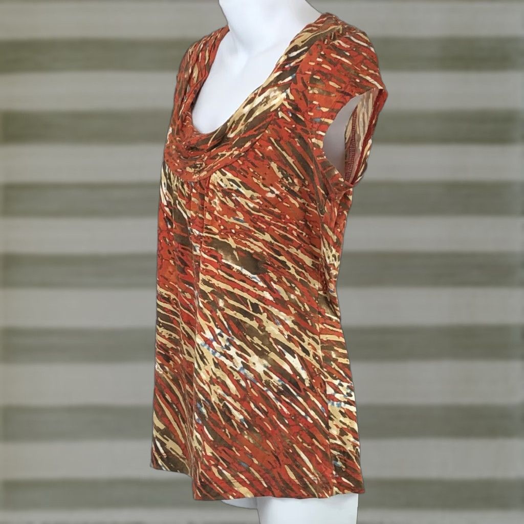 CO Liz & Co Scoop Cowl Draped Neck Top S Orange Geo Pleated Short Sleeve Bohemian Size S / US 4 / IT 40 - 1 Thumbnail
