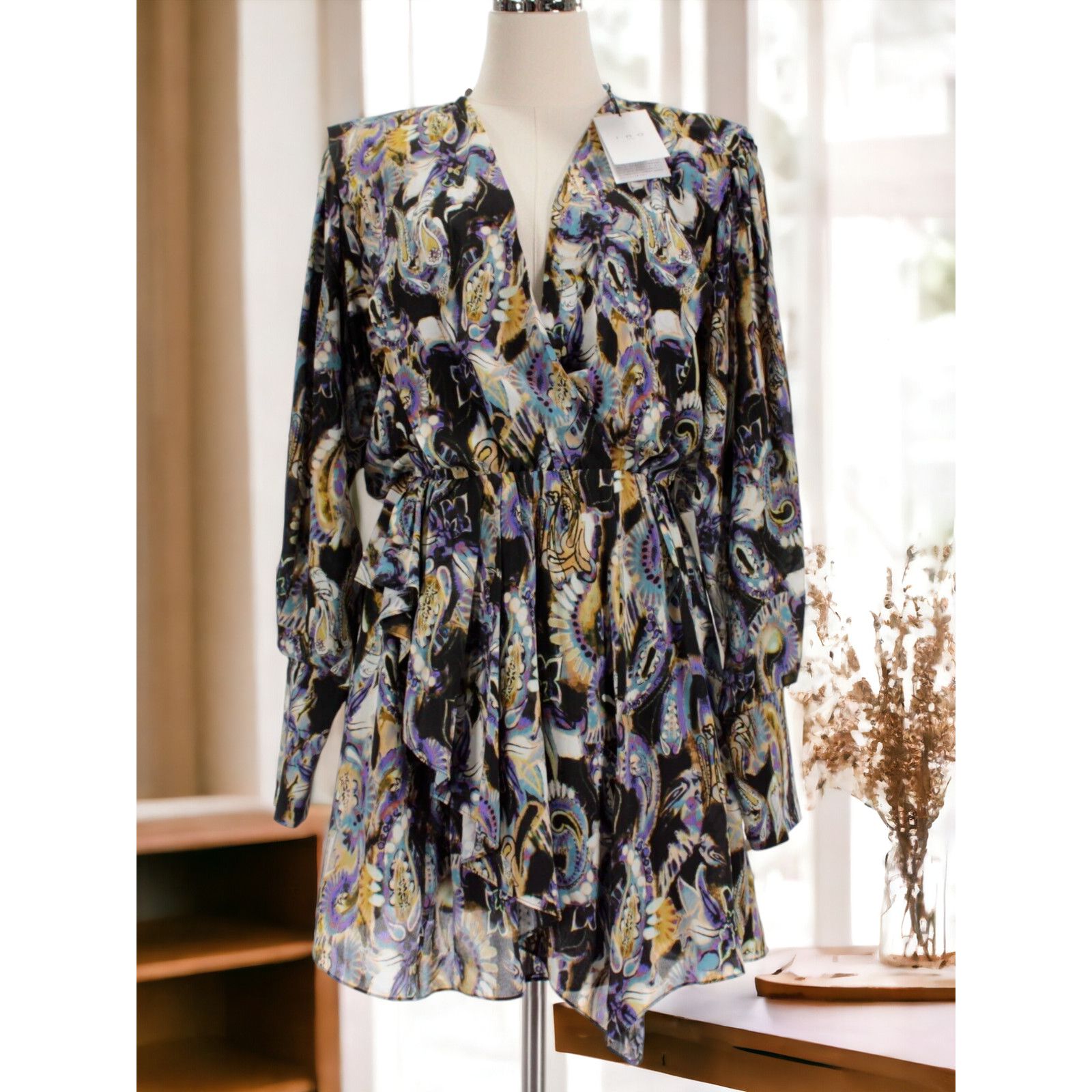 image of NWT - Iro Damie Dress Elastic Waist In Multi Silk Blend Sz10 in Black, Women's (Size Large)